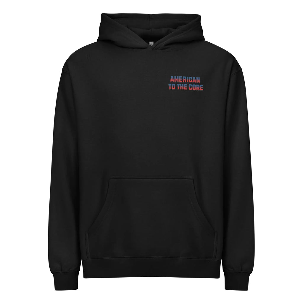 Men's black patriotic hoodie with "American To The Core" text in red and blue.
