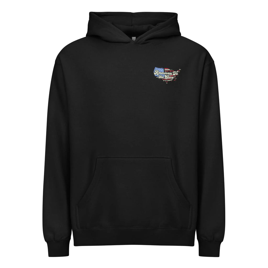 Men's Black patriotic hoodie with "America to the core" text
