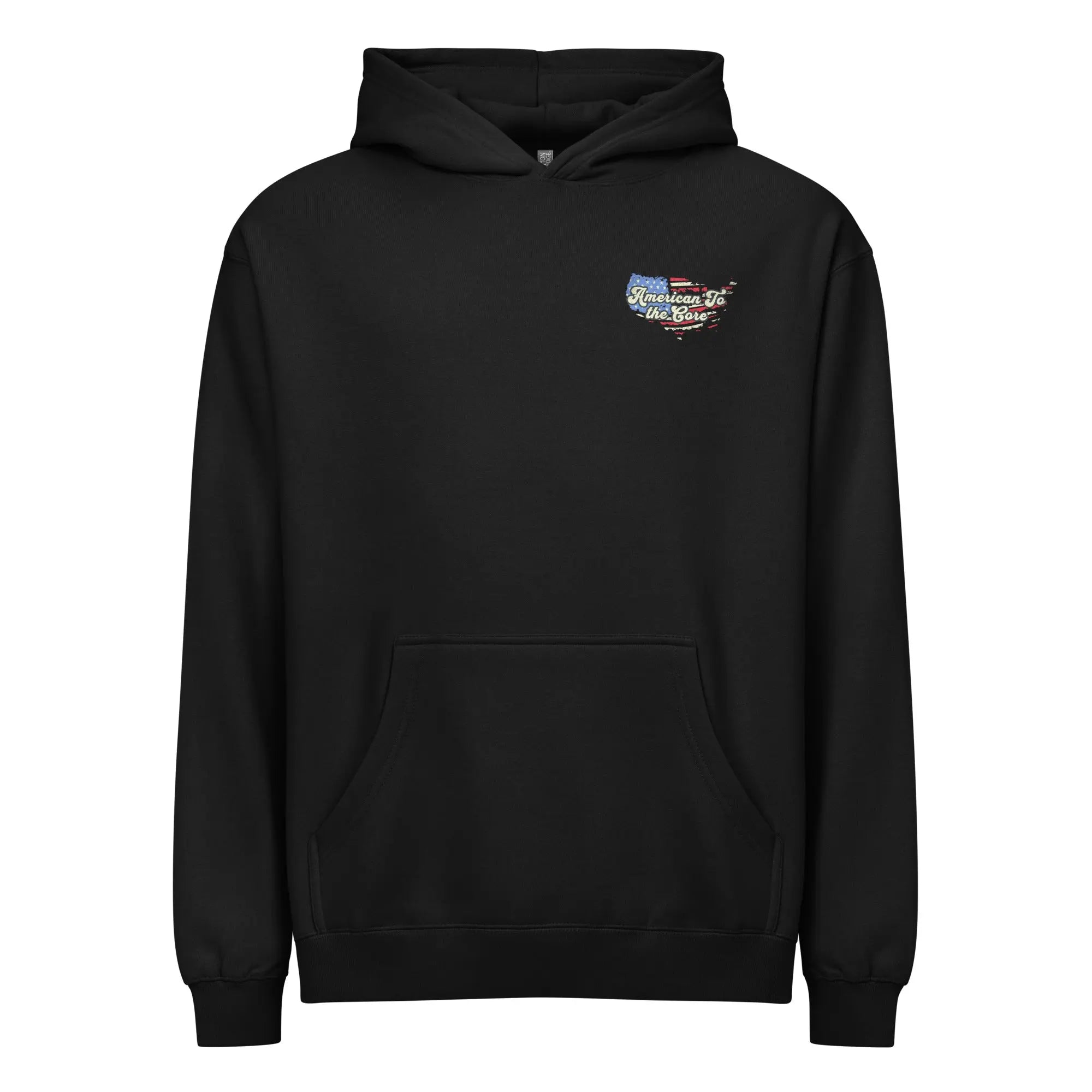 Men's Black patriotic hoodie with "America to the core" text