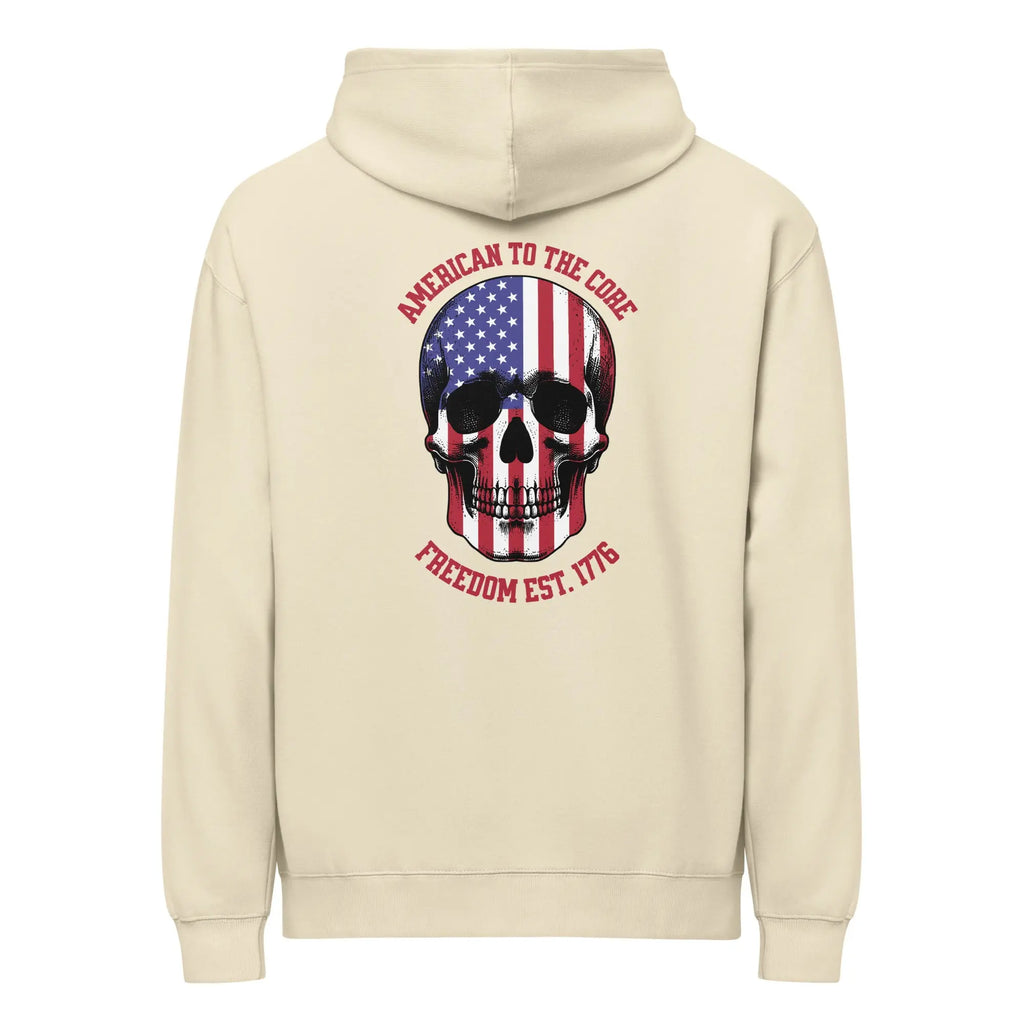 Back of a men's bone-colored patriotic hoodie with a skull and the text "American to the core. Freedom Est. 1776." 