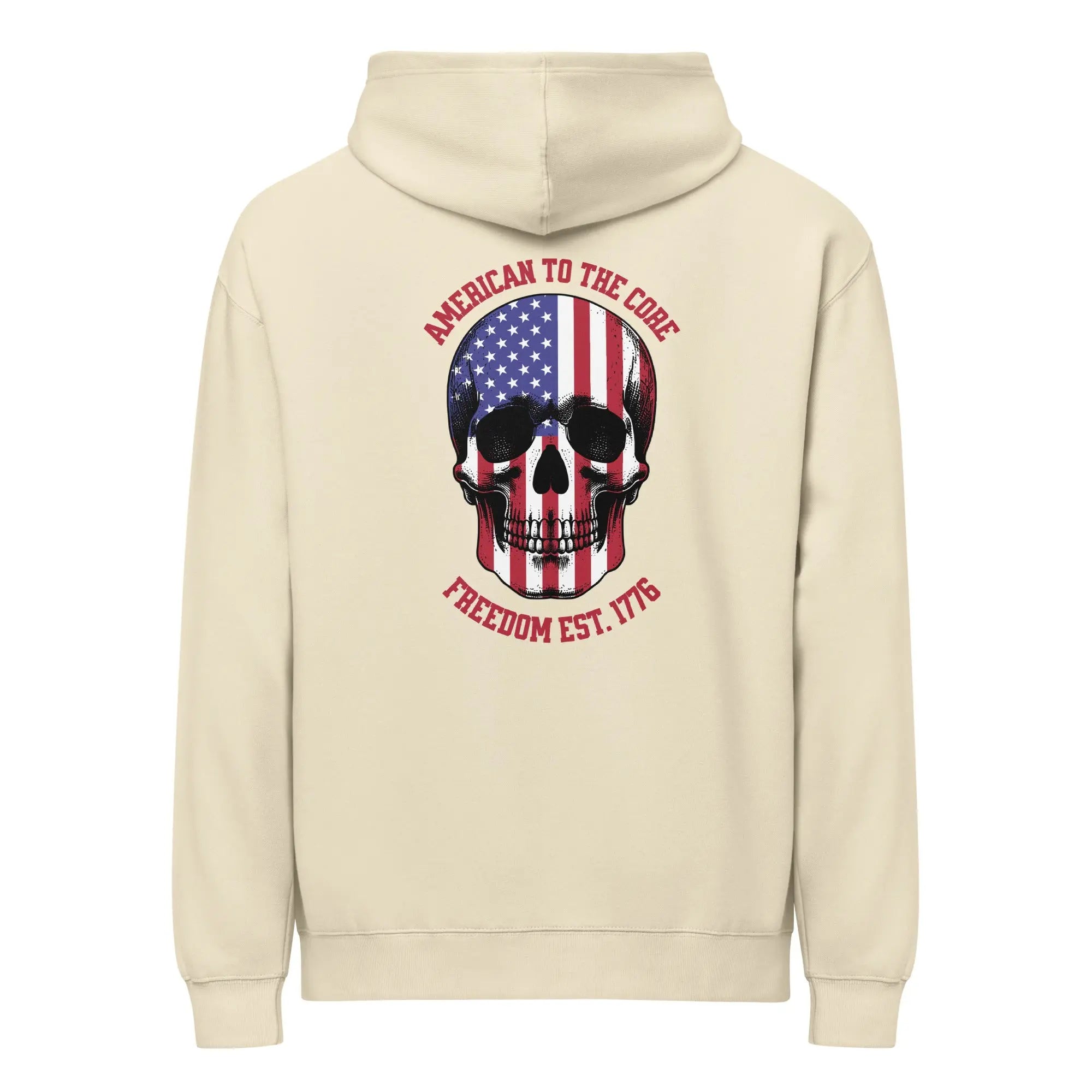 Back of a men's bone-colored patriotic hoodie with a skull and the text "American to the core. Freedom Est. 1776." 