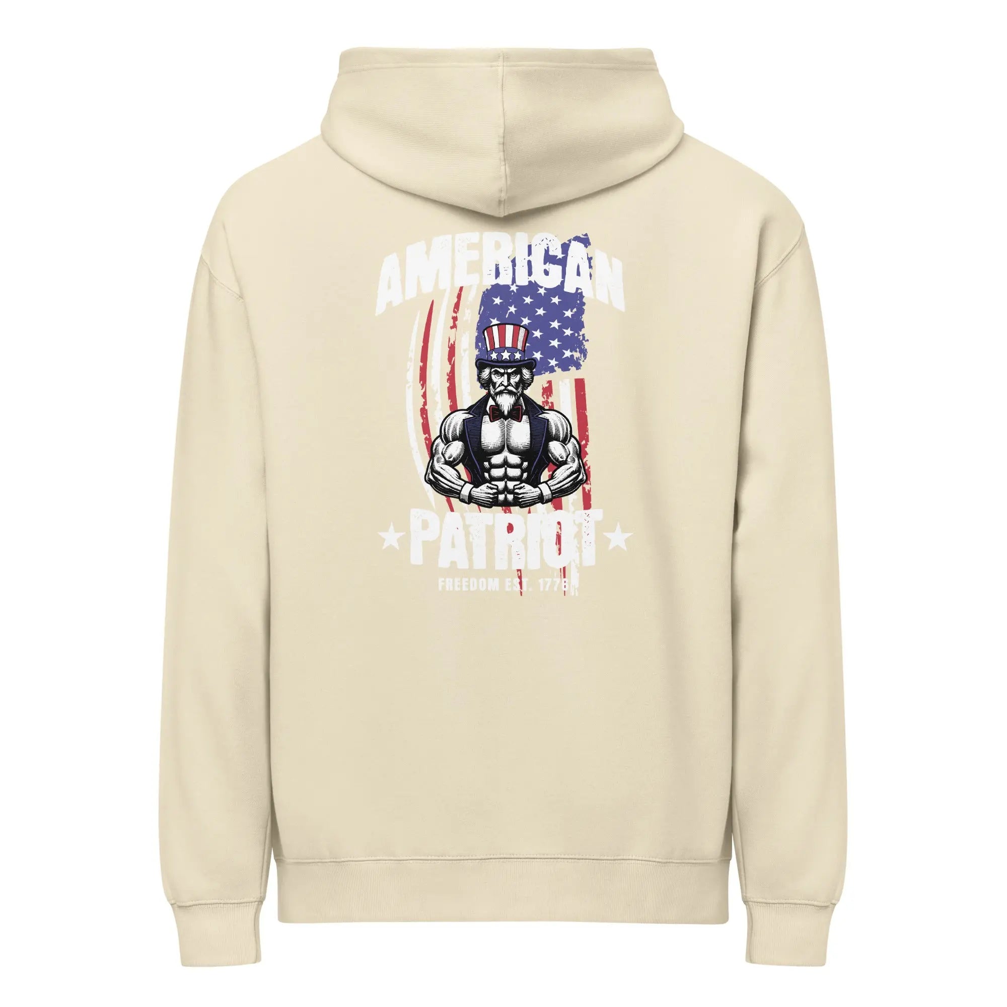 Back of men's bone-colored patriotic hoodie with uncle Sam and the text "American patriot" 