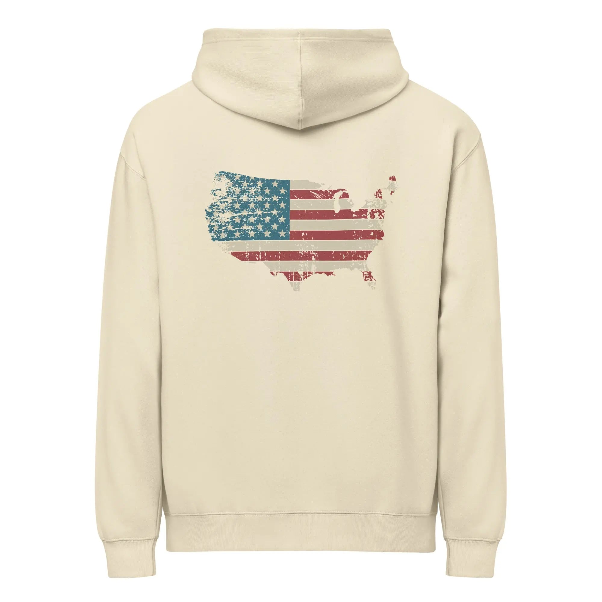 Back of men's bone-colored patriotic hoodie with the silhouette of America with the flag in it. 