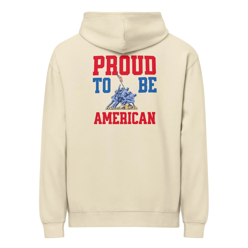 Back of men's bone-colored black patriotic hoodie with soldiers raising the flag and the text "Home of the free because of the brave." 