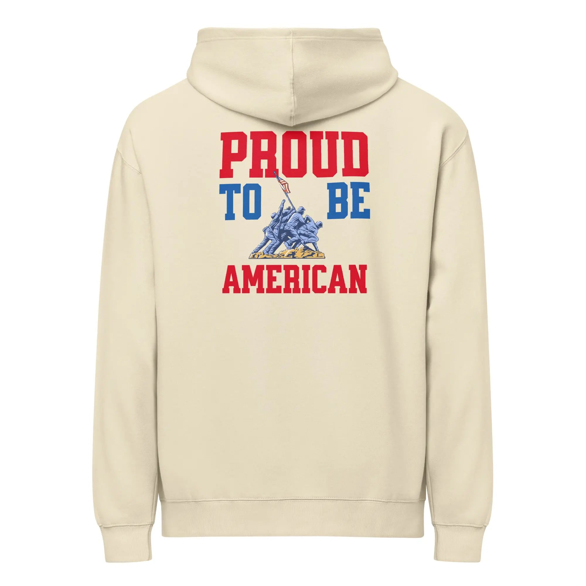 Back of men's bone-colored black patriotic hoodie with soldiers raising the flag and the text "Home of the free because of the brave." 