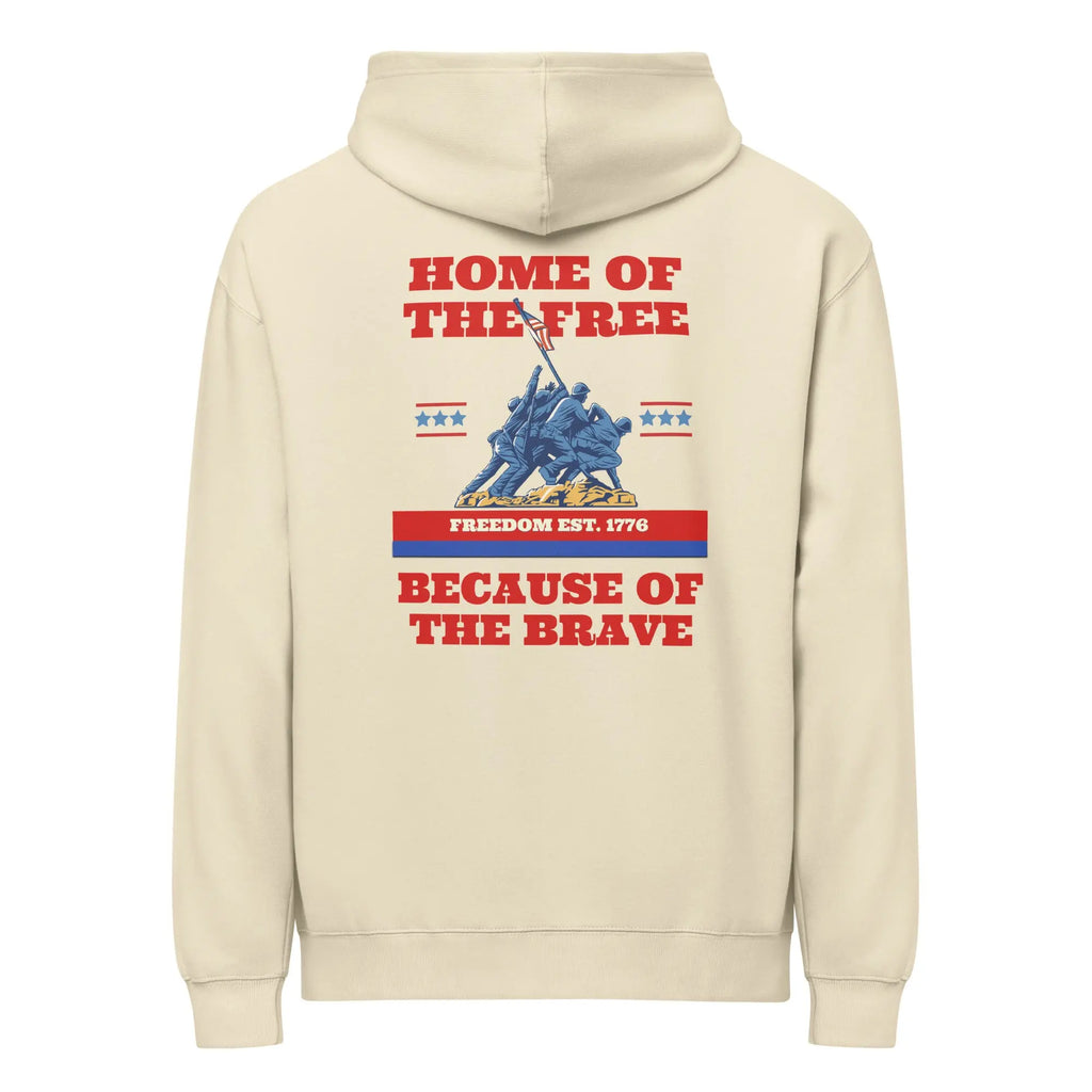 Back of bone-colored black patriotic hoodie with soldiers raising the flag and "Home of the free because of the brave" text. 