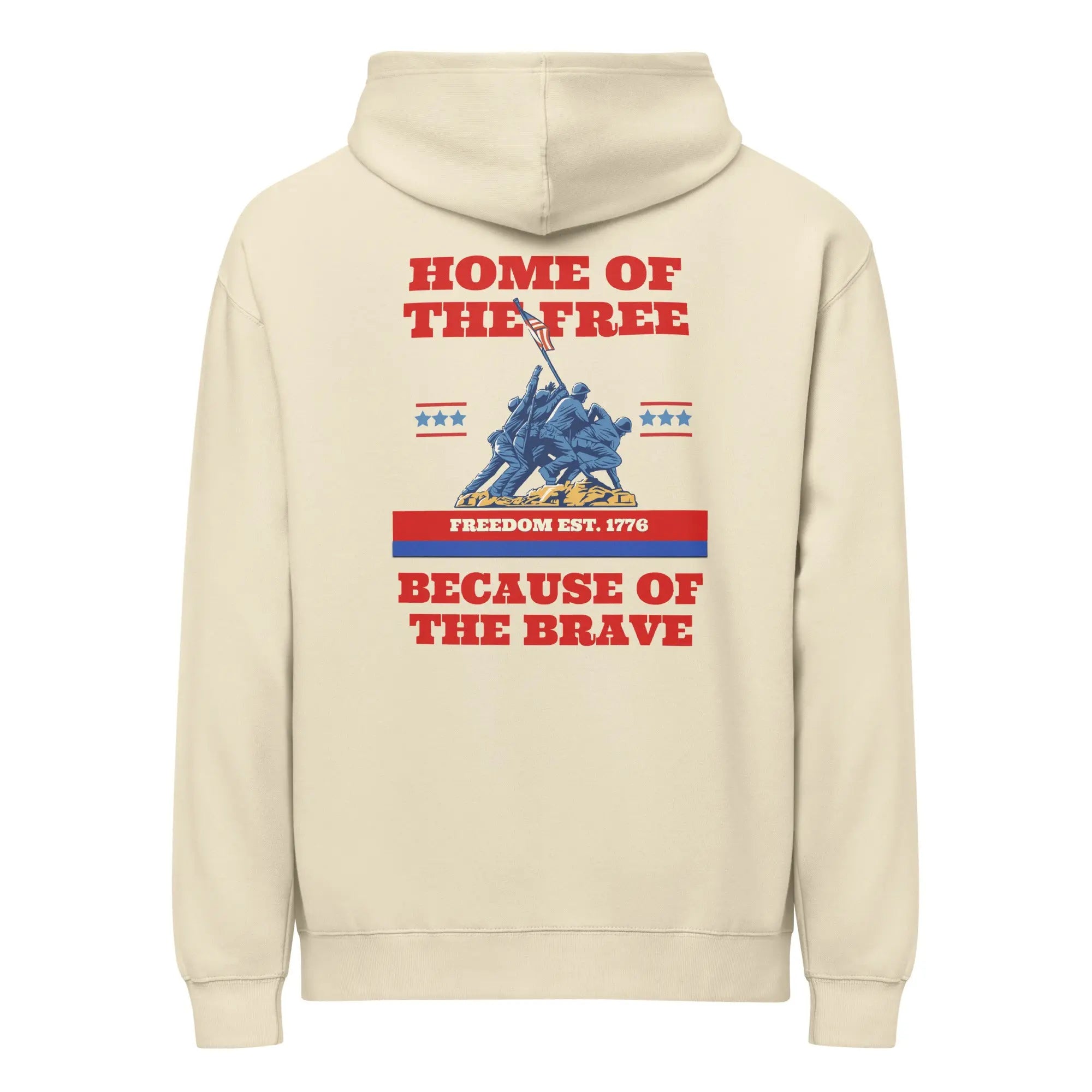 Back of bone-colored black patriotic hoodie with soldiers raising the flag and "Home of the free because of the brave" text. 