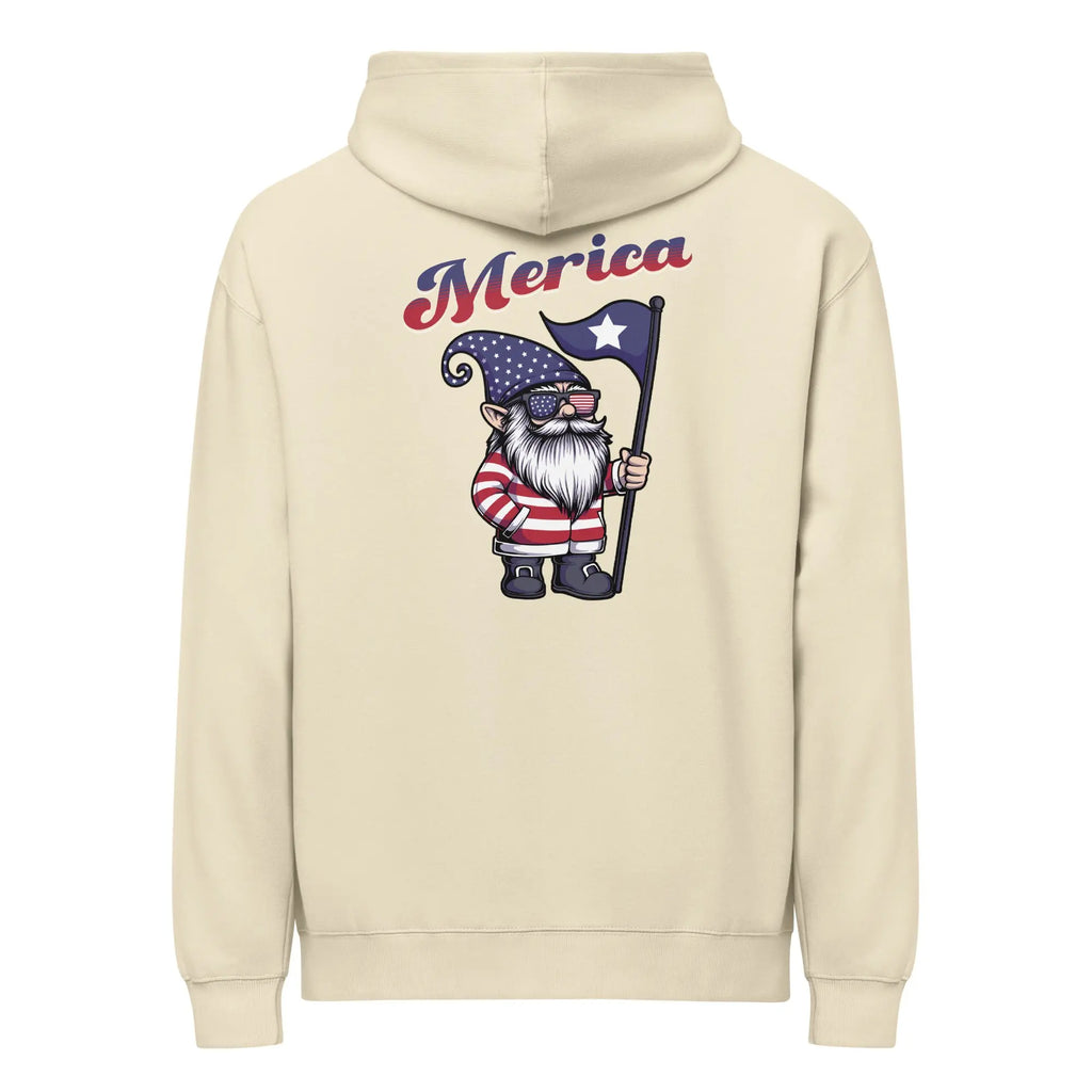 Back of men's bone-colored patriotic hoodie with a Gnome and "Merica" text