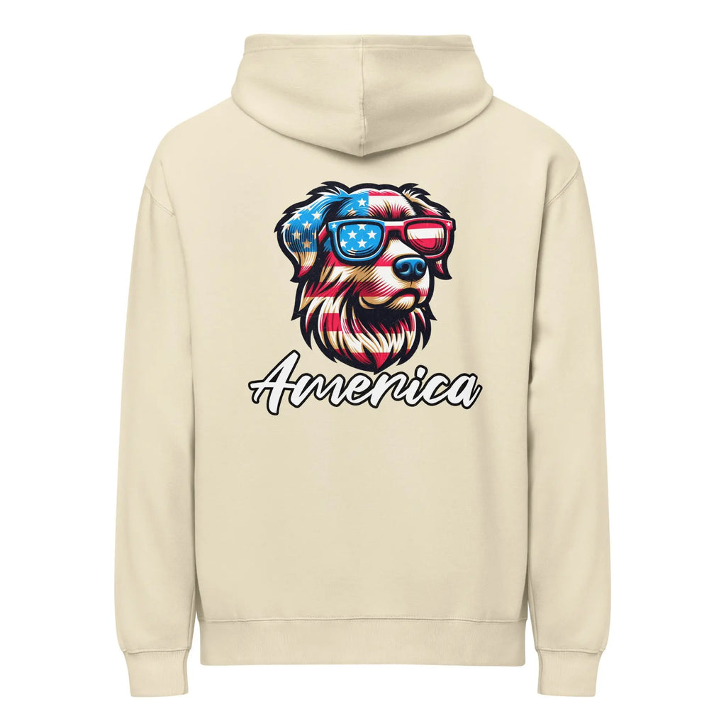 Back of men's bone-colored patriotic hoodie with a dog head and "America" text