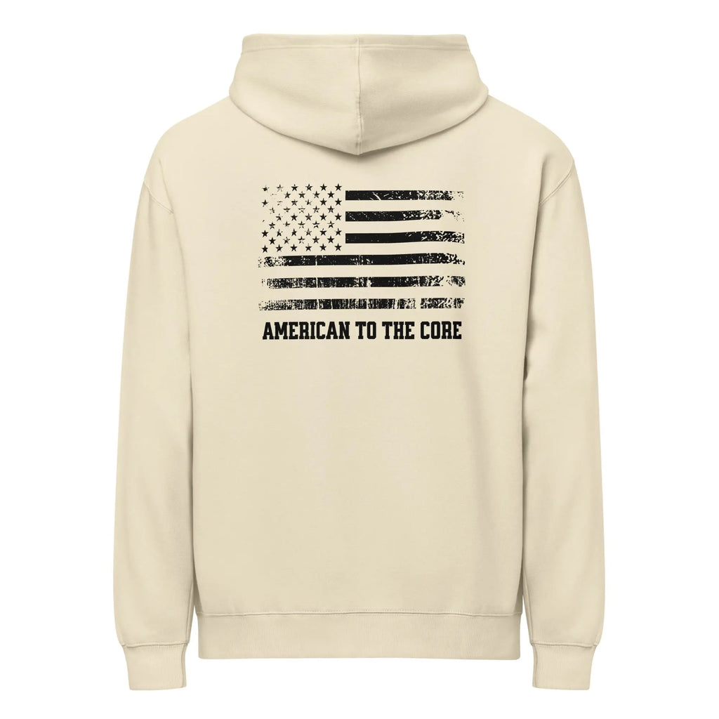 Back of men's bone-colored patriotic hoodie with American flag and  "American to the core" text
