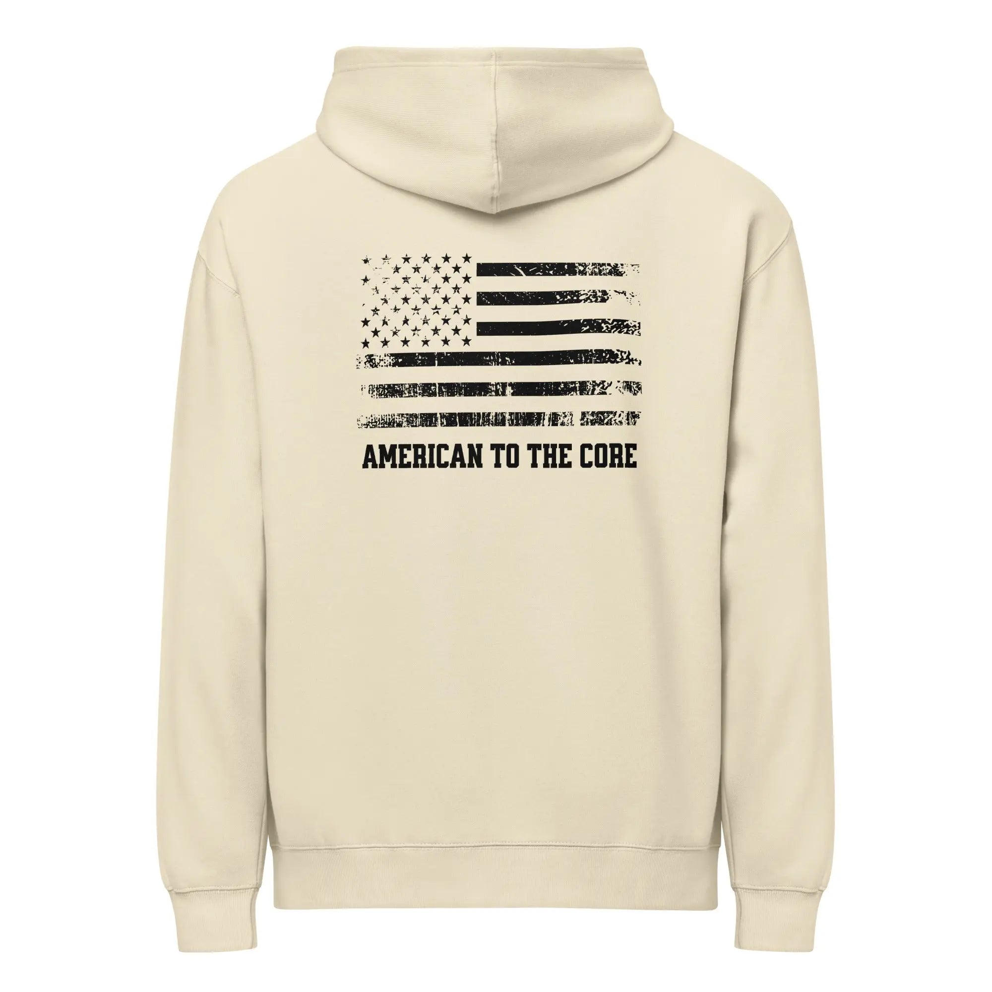 Back of men's bone-colored patriotic hoodie with American flag and  "American to the core" text