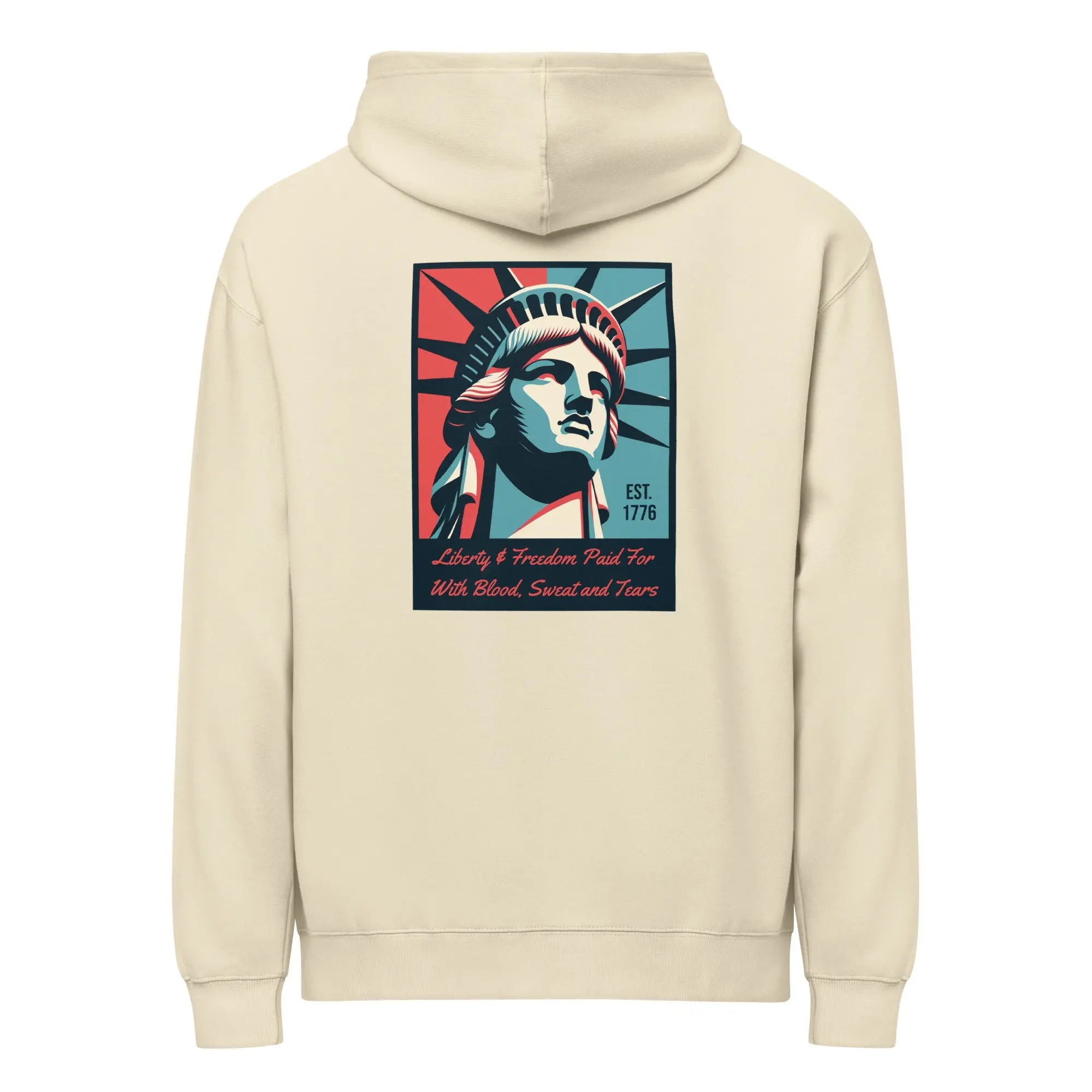 Back of men's bone-colored patriotic hoodie with Statue of Liberty and text below. 