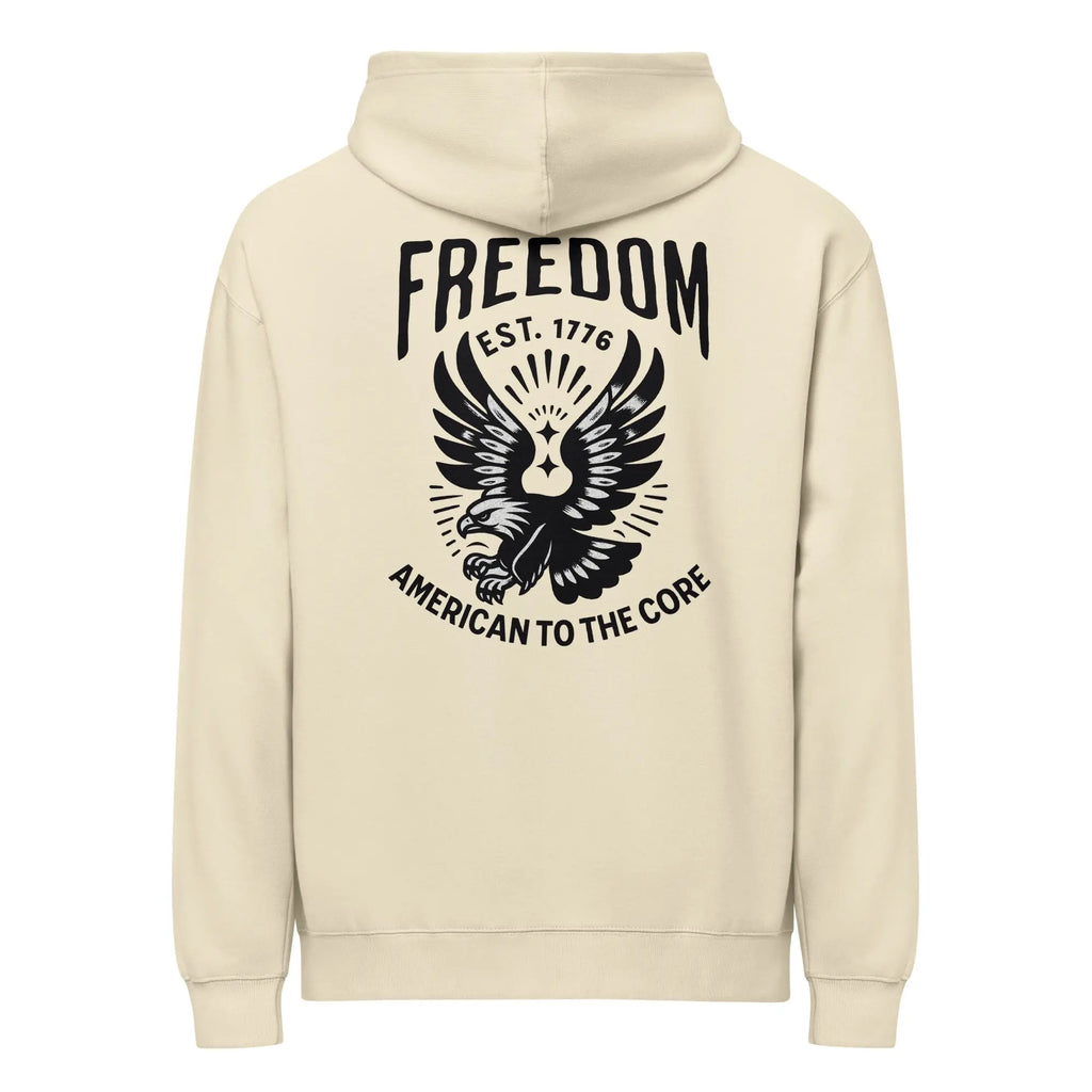Back of men's bone-colored patriotic hoodie with eagle and "Freedom Est. 1776" text 