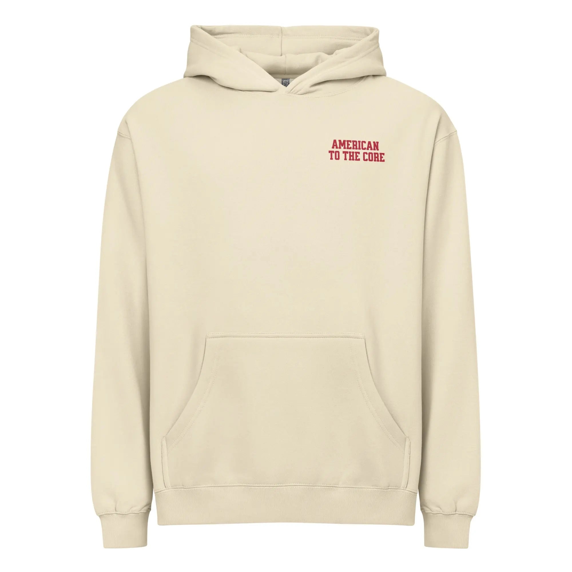 Men's bone-colored patriotic hoodie with the text "American to the core" 
