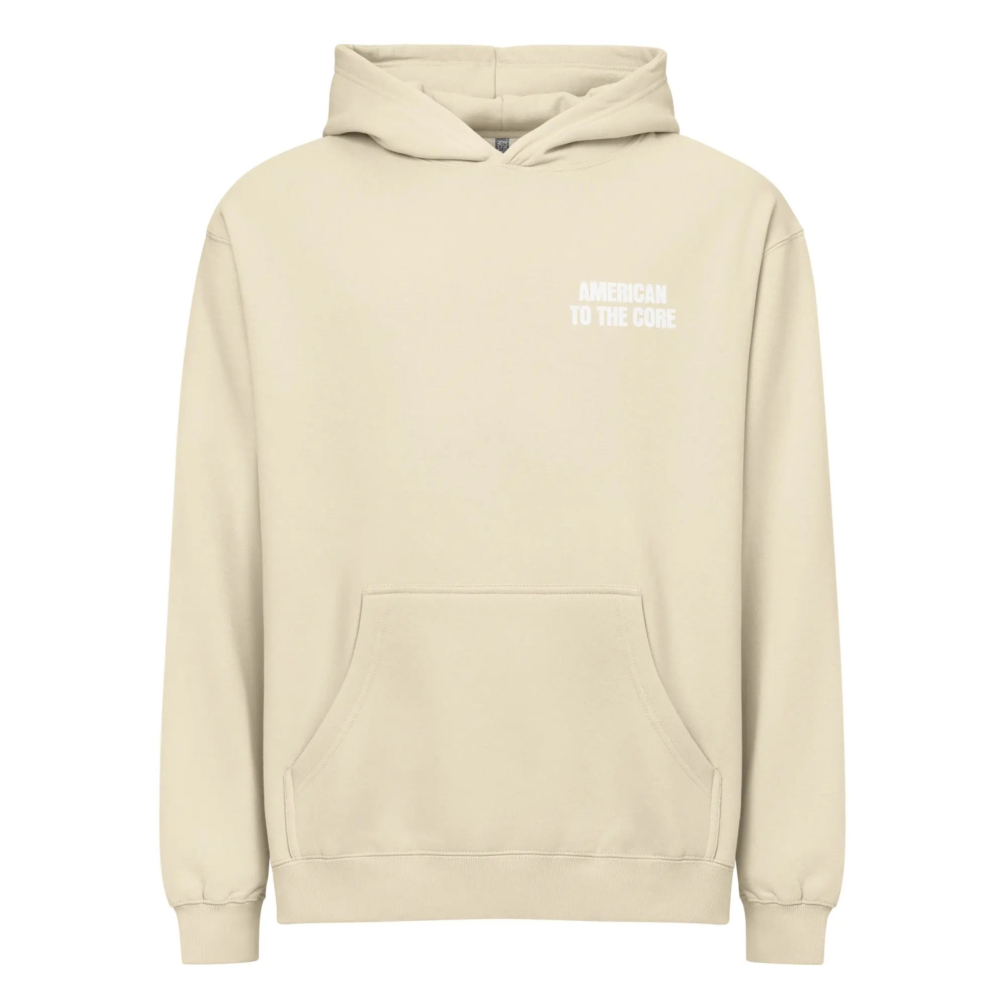 Men's bone-colored patriotic hoodie with the text "American to the core" 