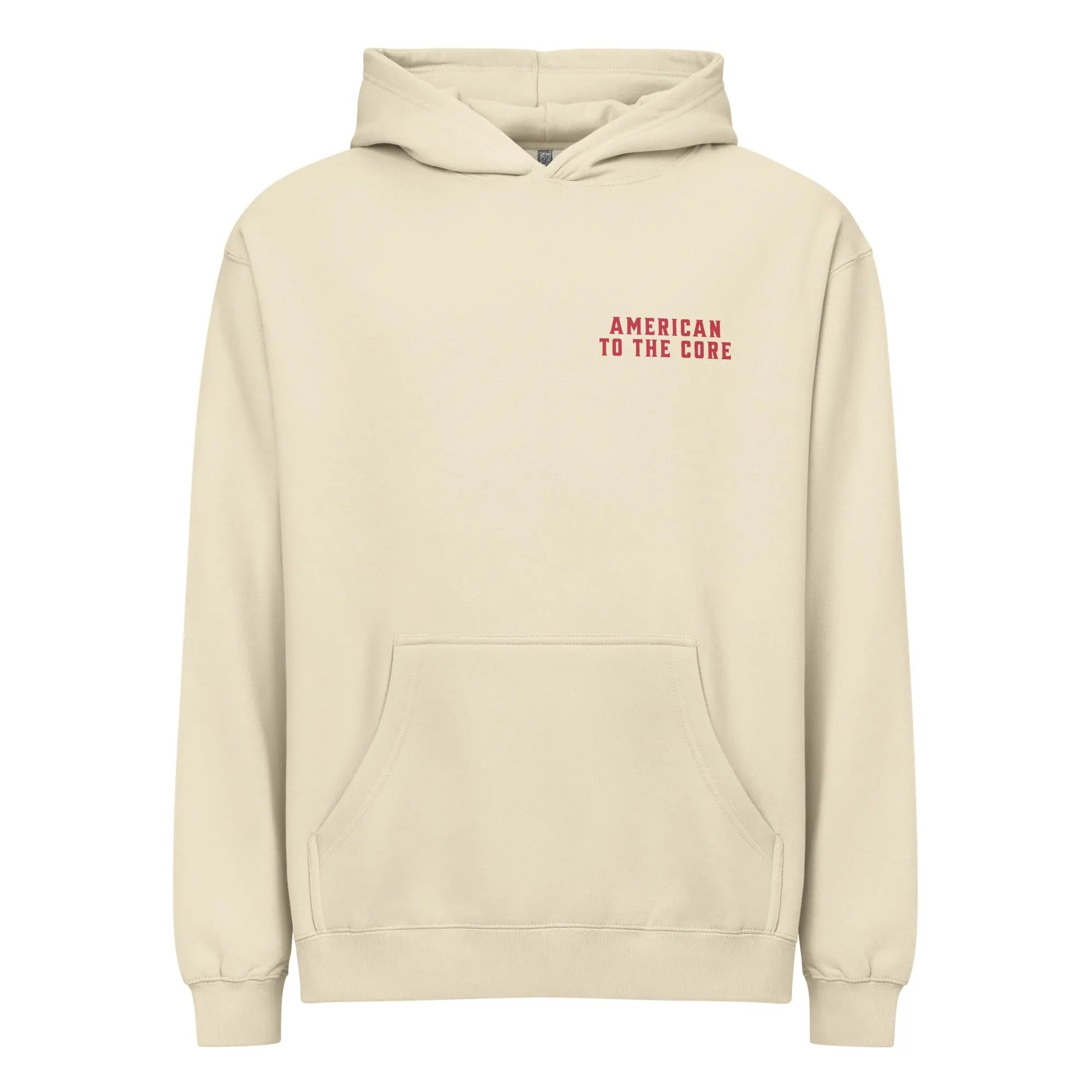 Men's bone-colored patriotic hoodie with the text "American to the core"