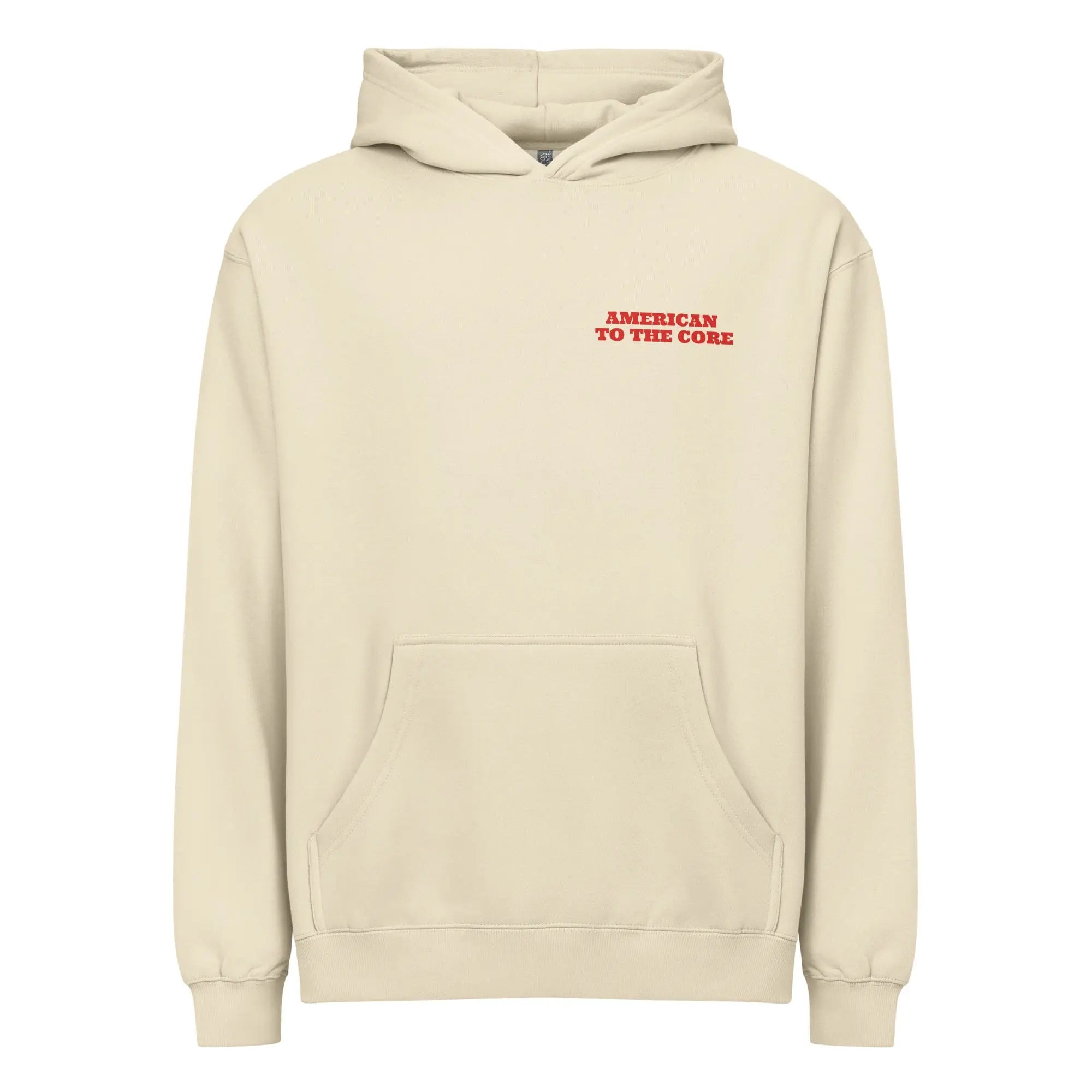 Men's bone-colored patriotic hoodie with red  "American to the core" text 
