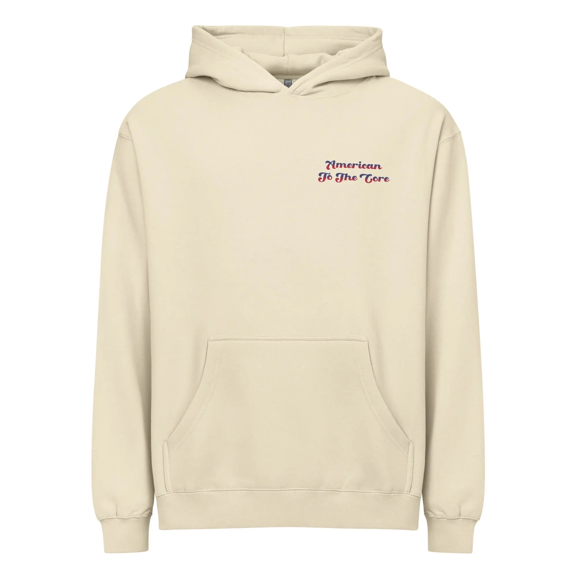 Men's bone-colored patriotic hoodie with red and blue "American to the core" text