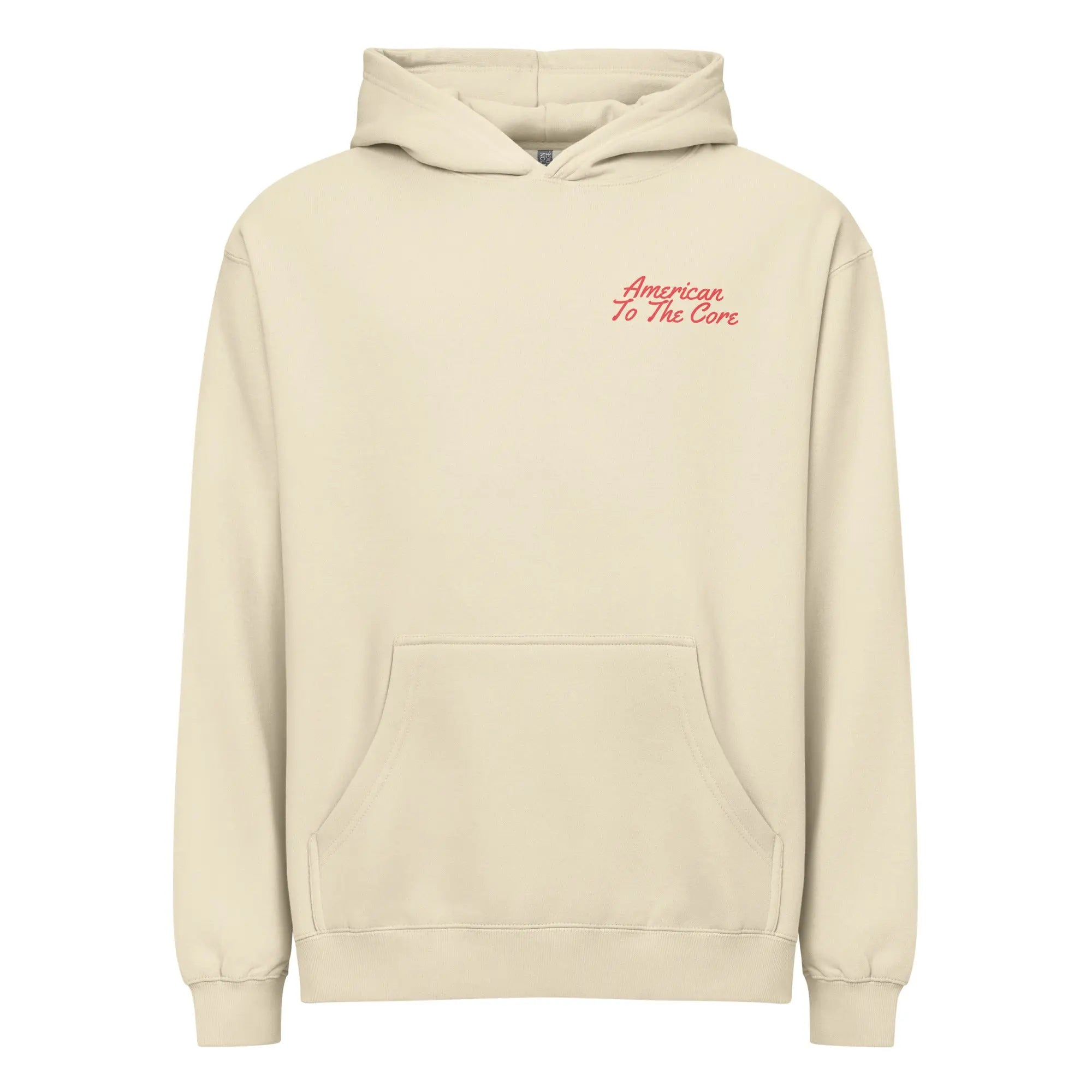 Men's bone-colored patriotic hoodie with "American to the core" text. 
