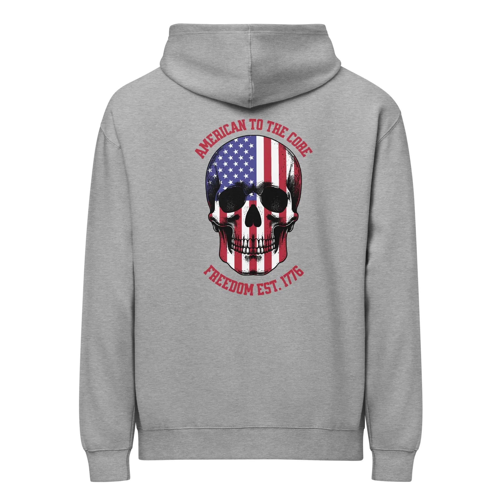 Back of a men's carbon-grey patriotic hoodie with a skull and the text "American to the core. Freedom Est. 1776." 