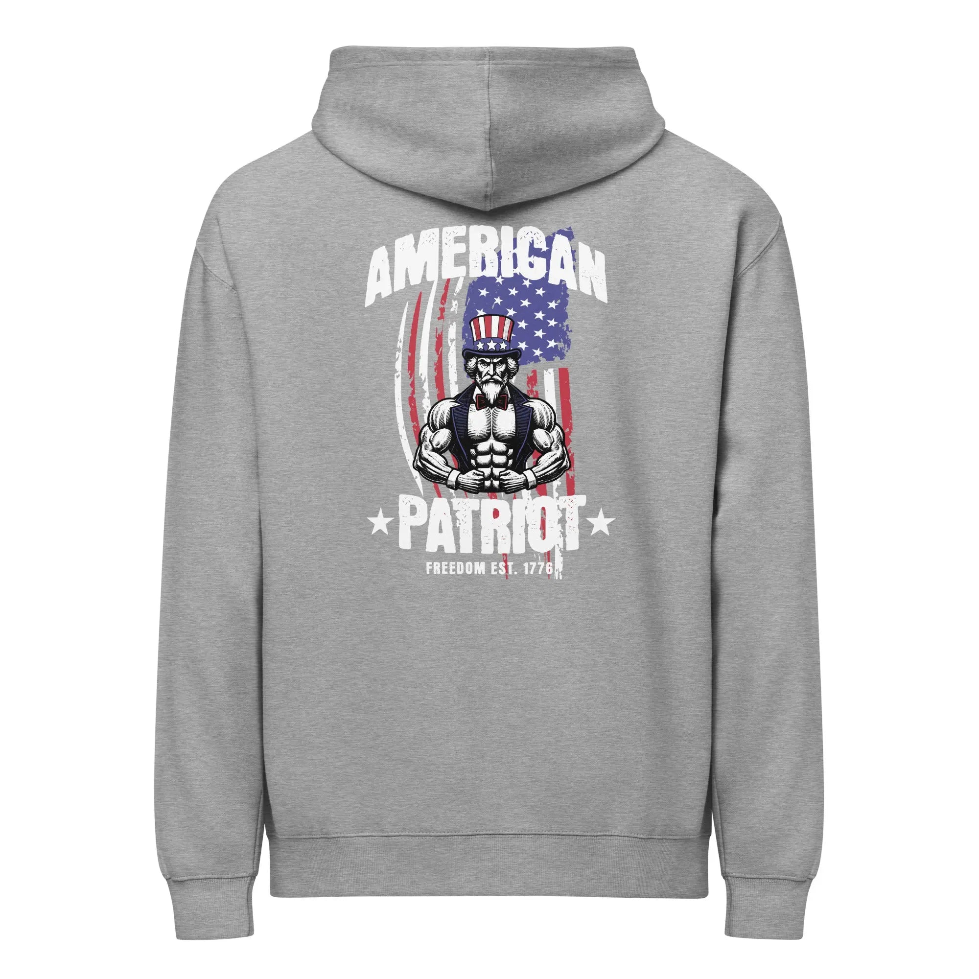 Back of men's carbon grey patriotic hoodie with uncle Sam and the text "American patriot" 