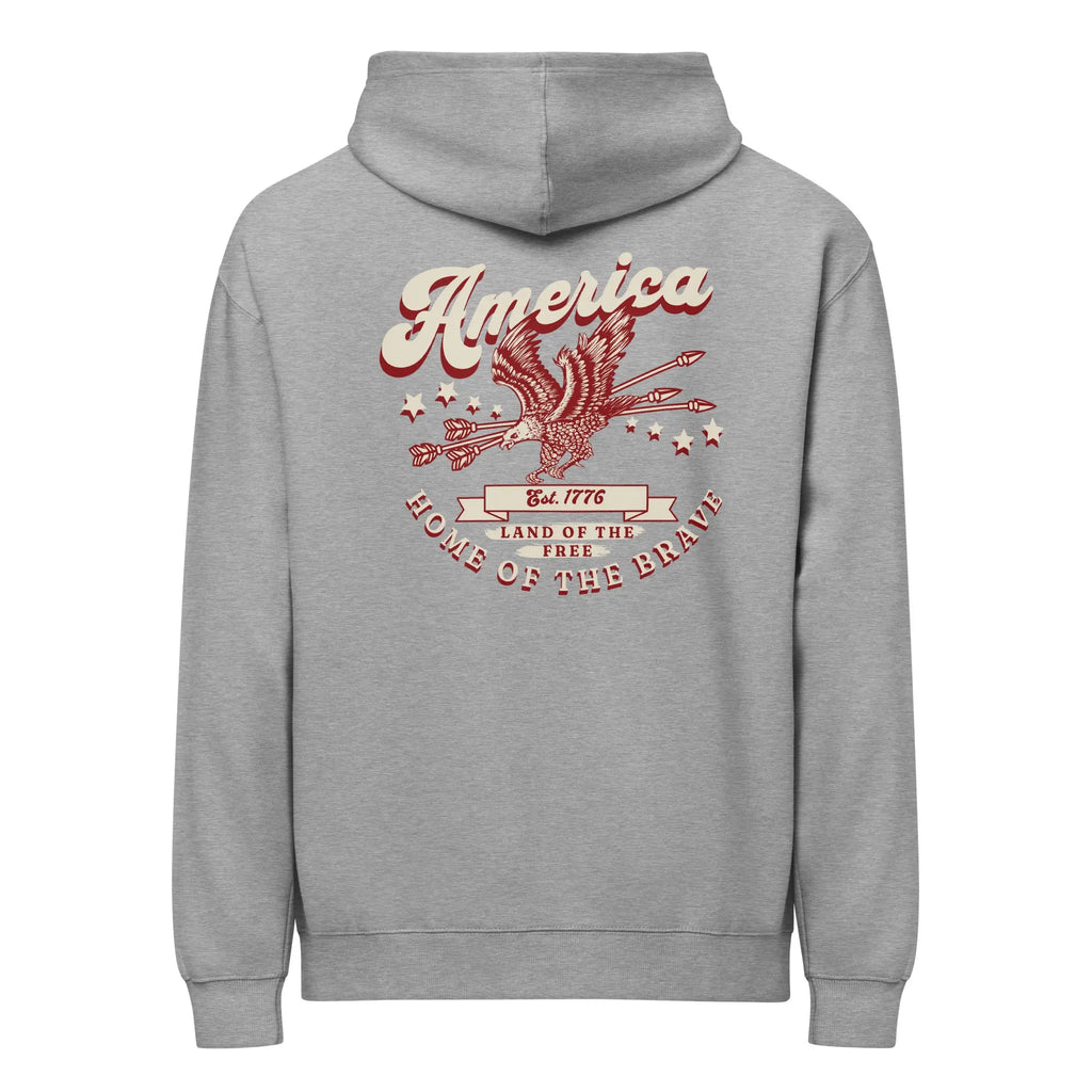 Back of men's carbon grey patriotic hoodie with an eagle and the text "America: home of the brave." 