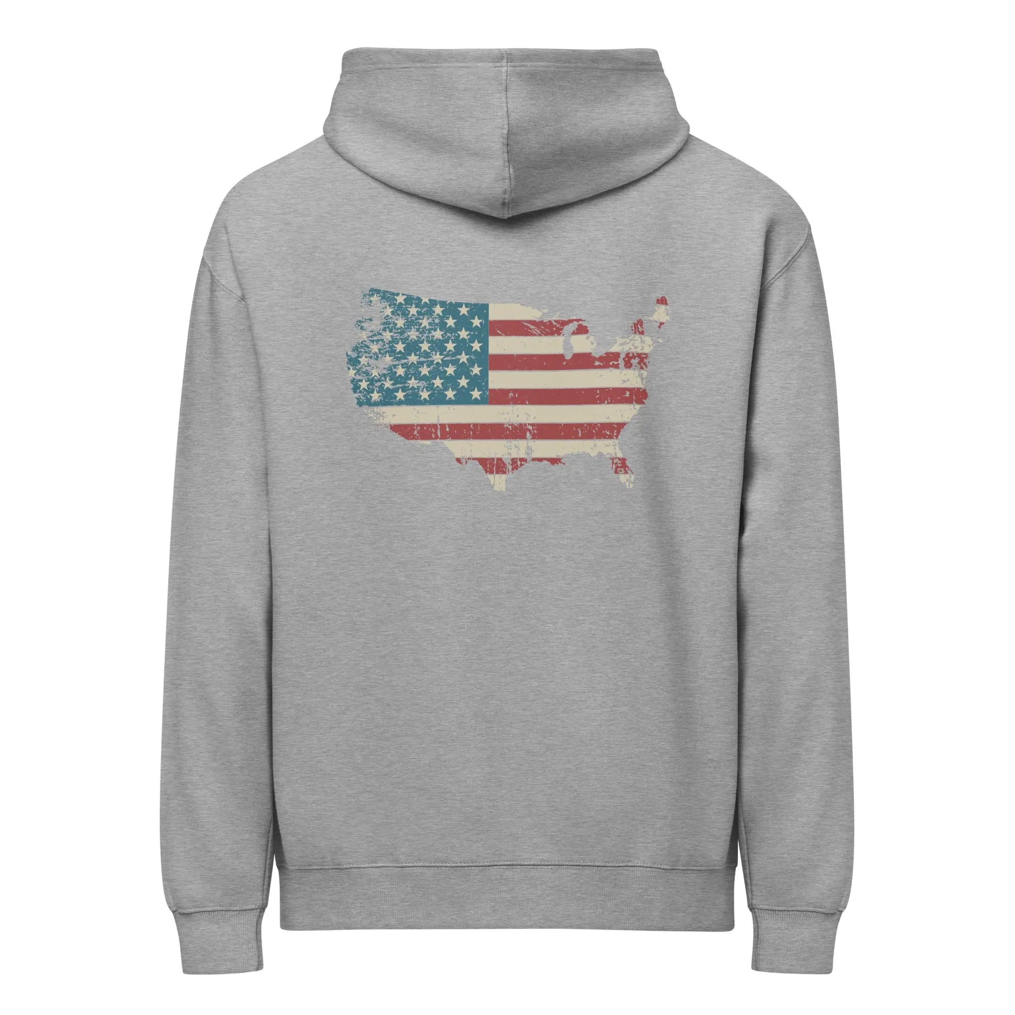 Back of men's carbon grey patriotic hoodie with the silhouette of America with the flag in it. 