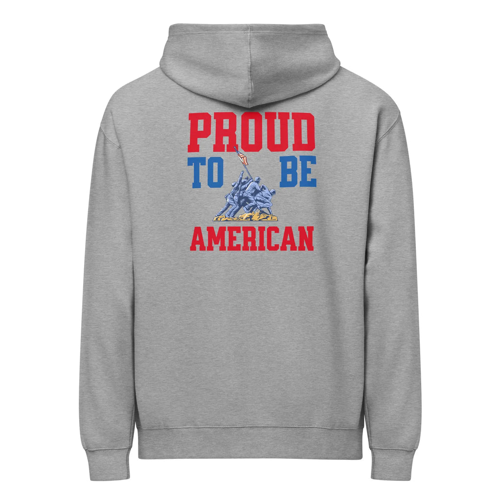 Back of men's carbon grey patriotic hoodie with soldiers raising the flag and the text "Home of the free because of the brave." 
