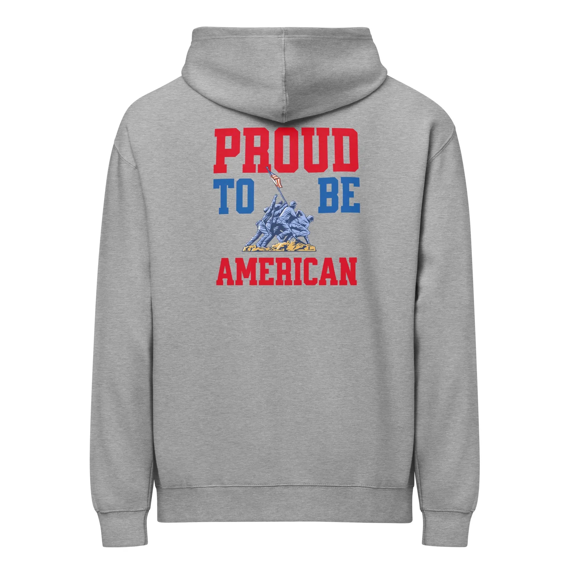 Back of men's carbon grey patriotic hoodie with soldiers raising the flag and the text "Home of the free because of the brave." 