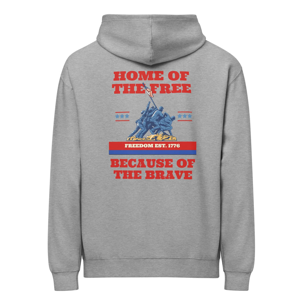 Back of carbon grey patriotic hoodie with soldiers raising the flag and "Home of the free because of the brave" text. 