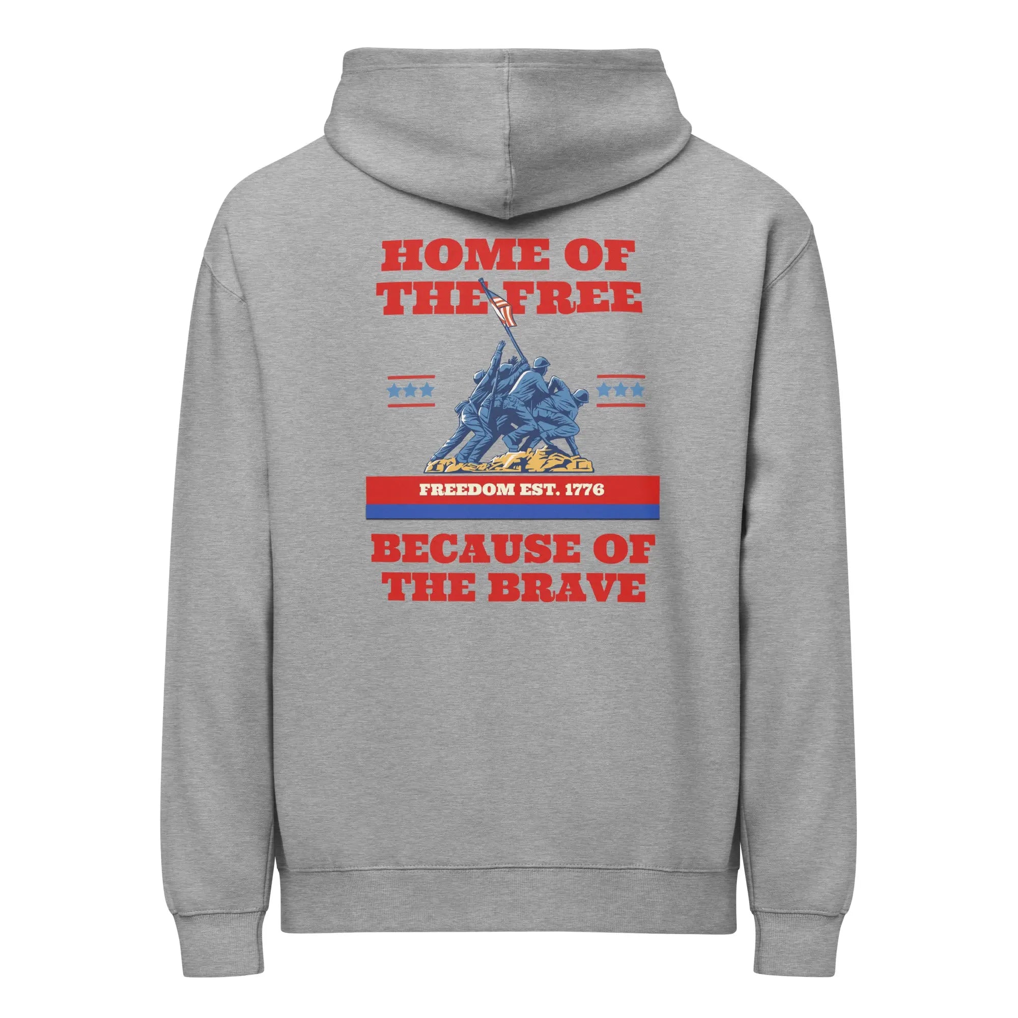 Back of carbon grey patriotic hoodie with soldiers raising the flag and "Home of the free because of the brave" text. 
