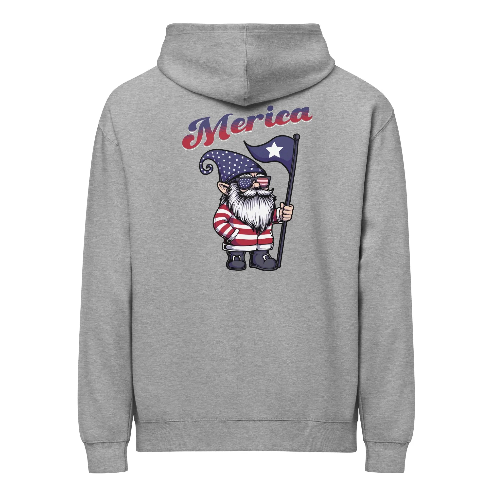Back of men's carbon grey patriotic hoodie with a Gnome and "Merica" text