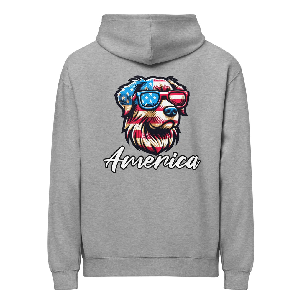 Back of men's carbon grey patriotic hoodie with a dog head and "America" text