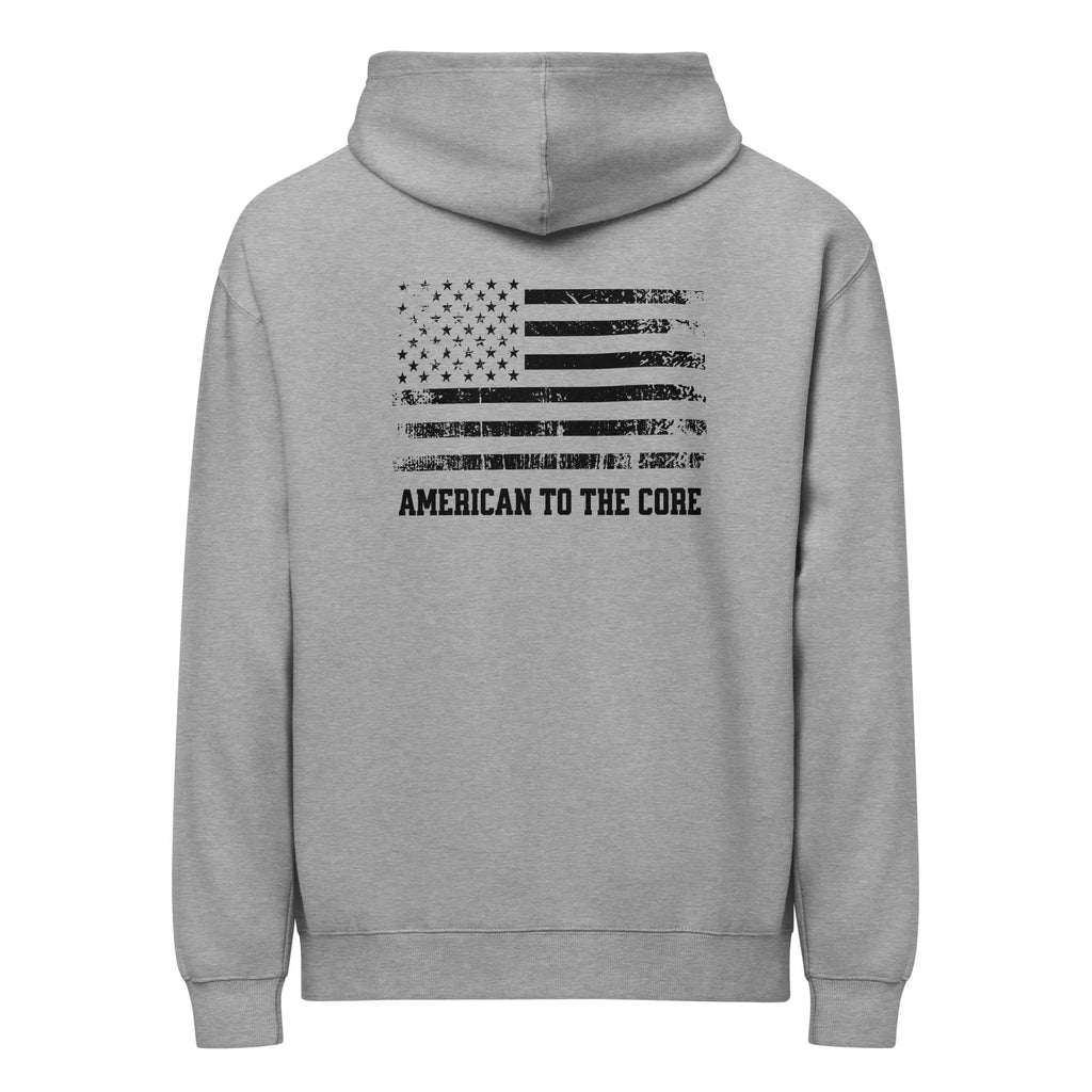 Back of men's carbon grey patriotic hoodie with American flag and  "American to the core" text