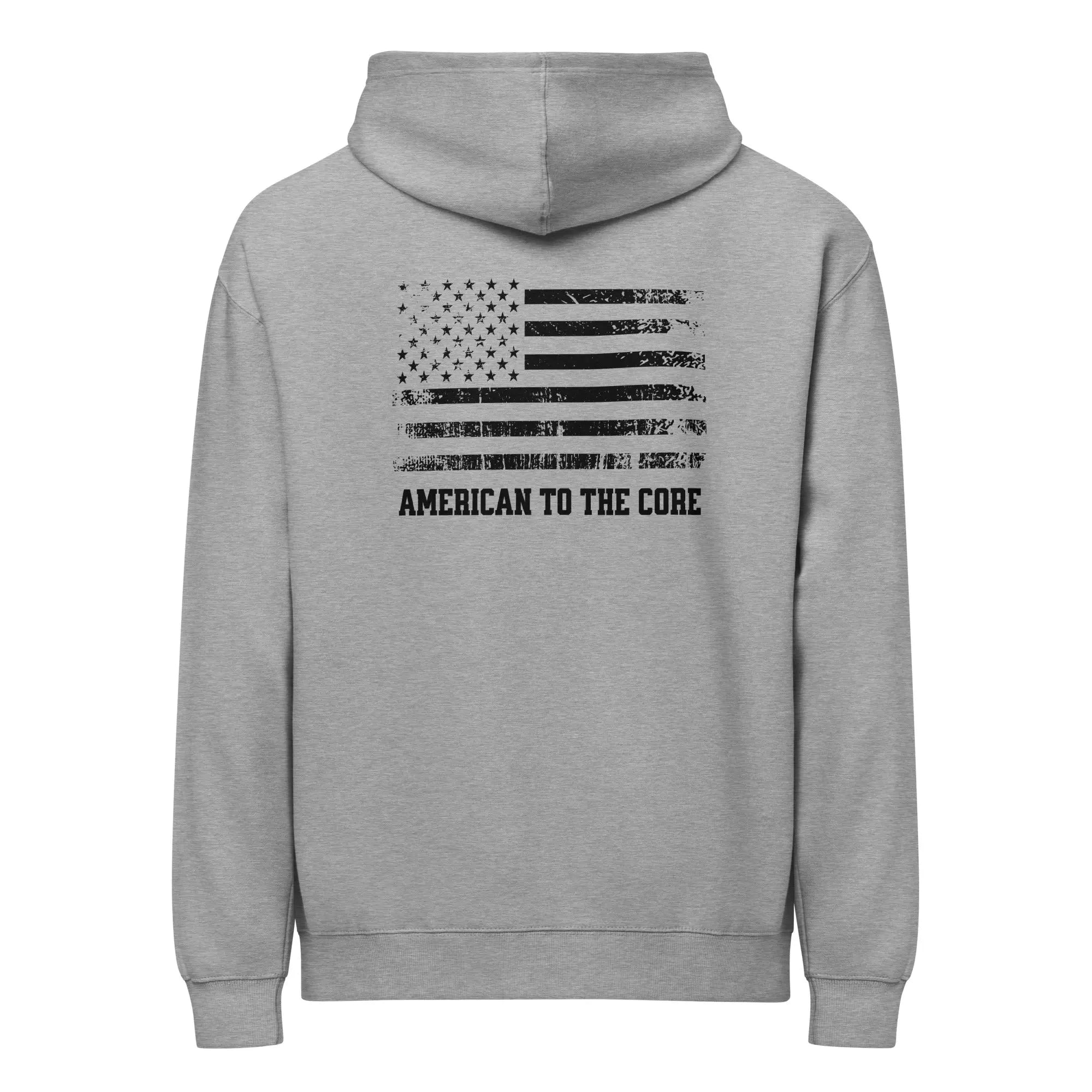 Back of men's carbon grey patriotic hoodie with American flag and  "American to the core" text