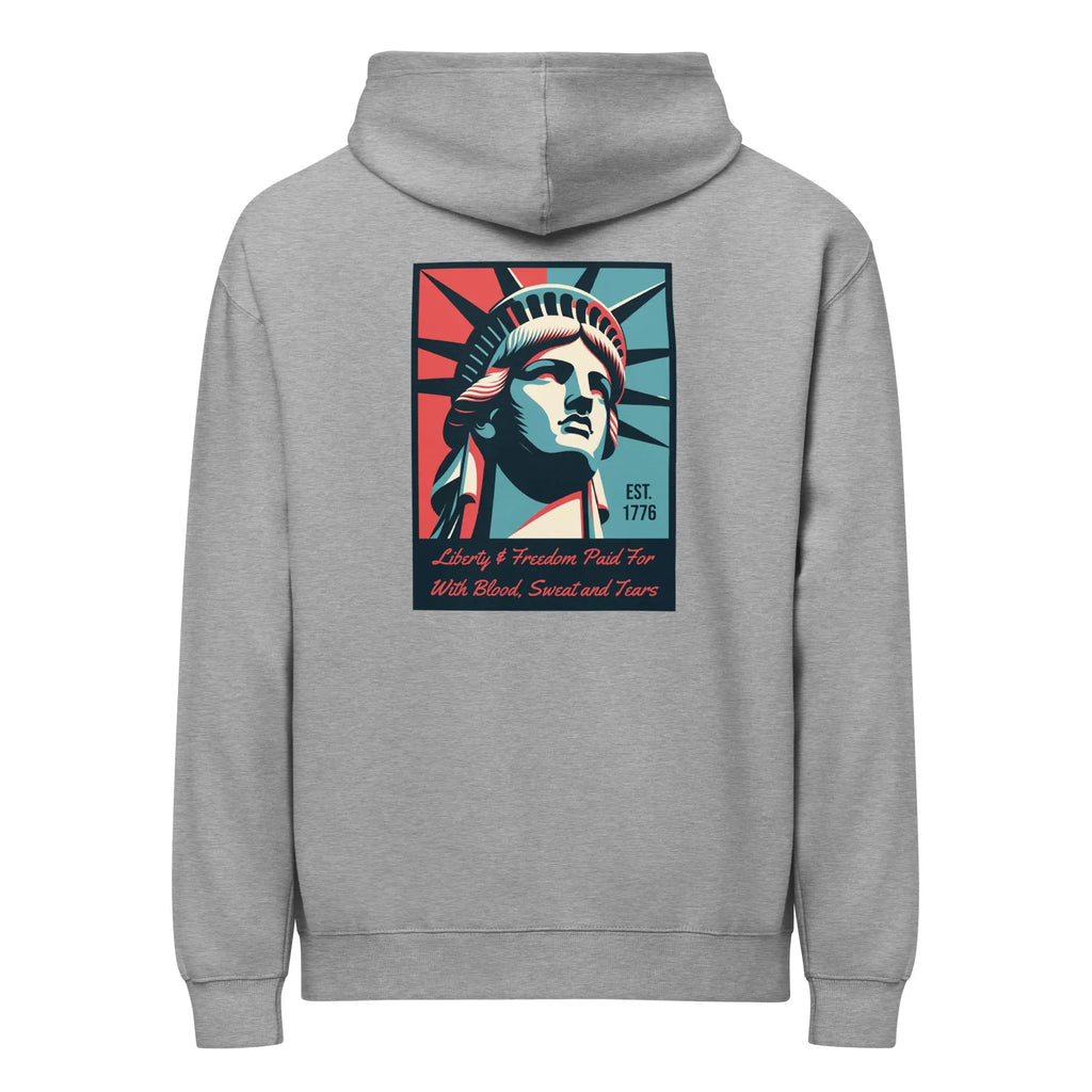 Back of men's carbon grey patriotic hoodie with Statue of Liberty with text below. 