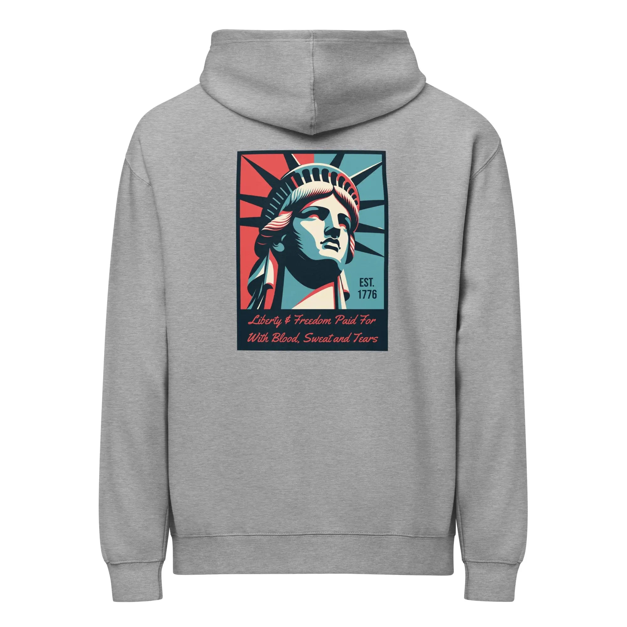 Back of men's carbon grey patriotic hoodie with Statue of Liberty with text below. 