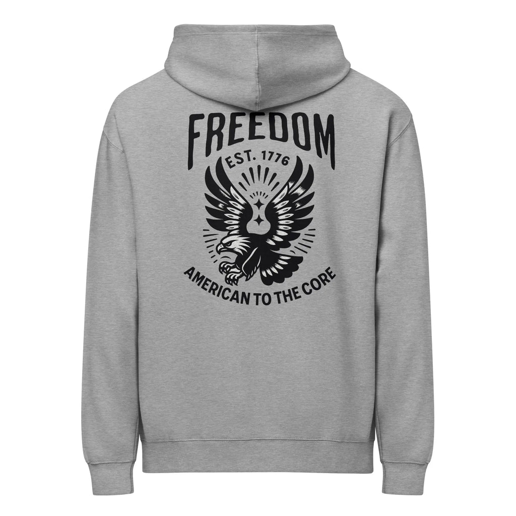 Back of men's carbon grey patriotic hoodie with eagle and "Freedom Est. 1776" text 
