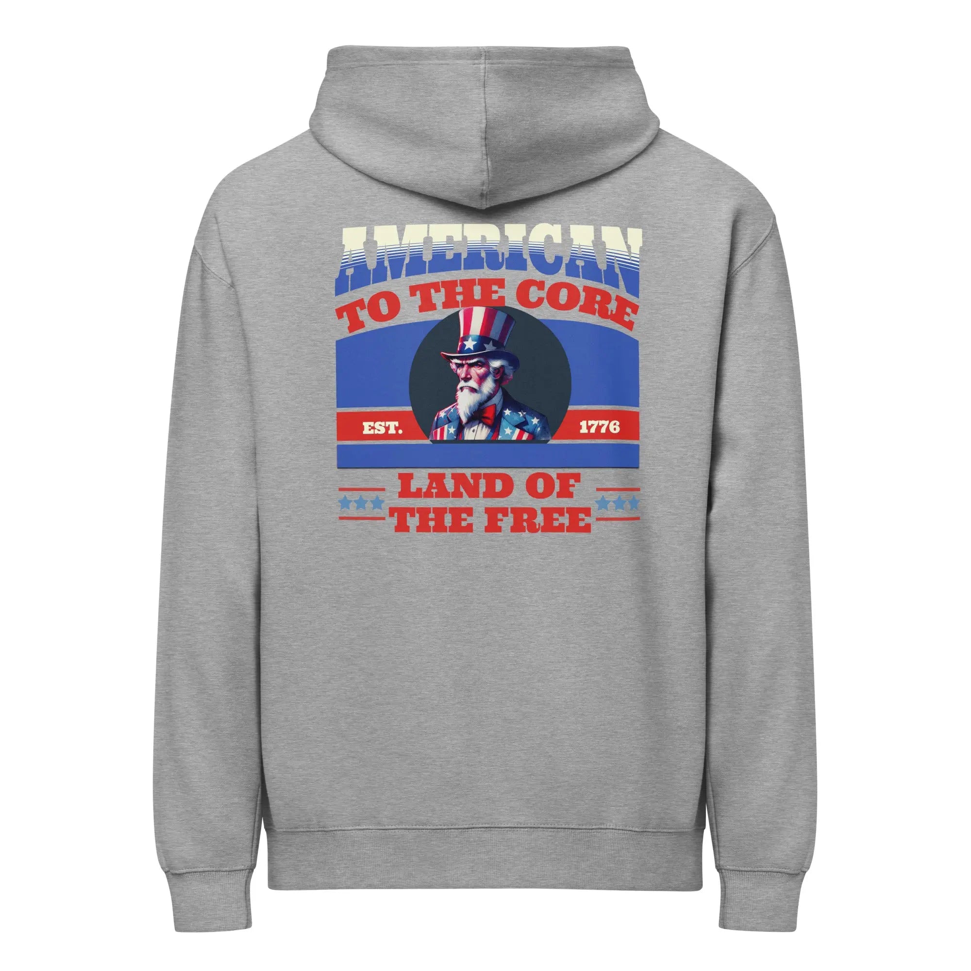 Men's carbon grey patriotic hoodie with uncle Sam and "land of the free" text 