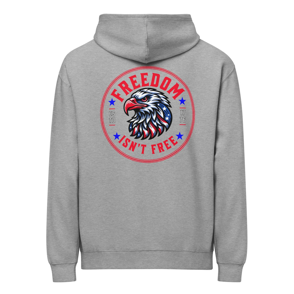 Back of men's carbon grey patriotic hoodie with an eagle head and "Freedom isn't free" text