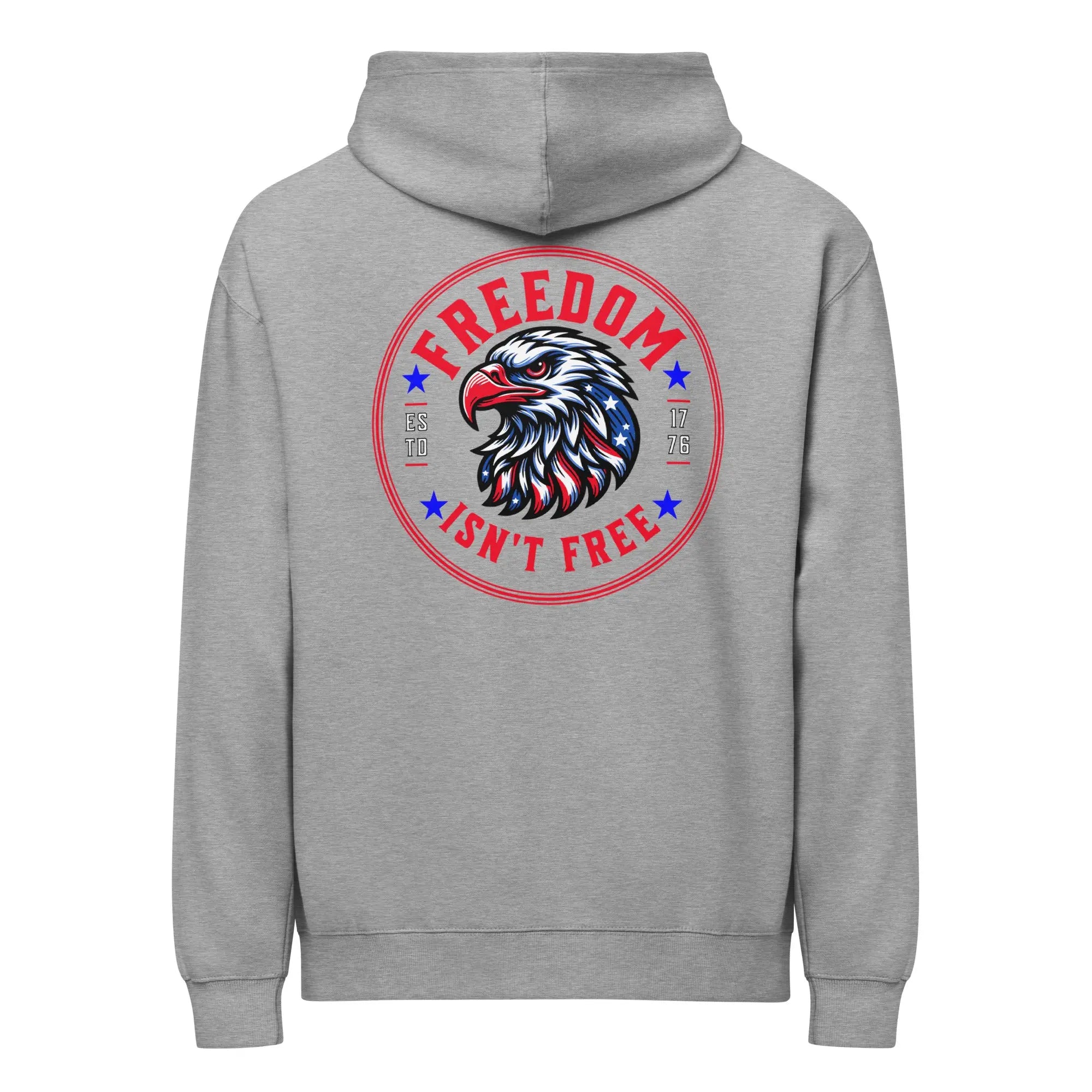 Back of men's carbon grey patriotic hoodie with an eagle head and "Freedom isn't free" text