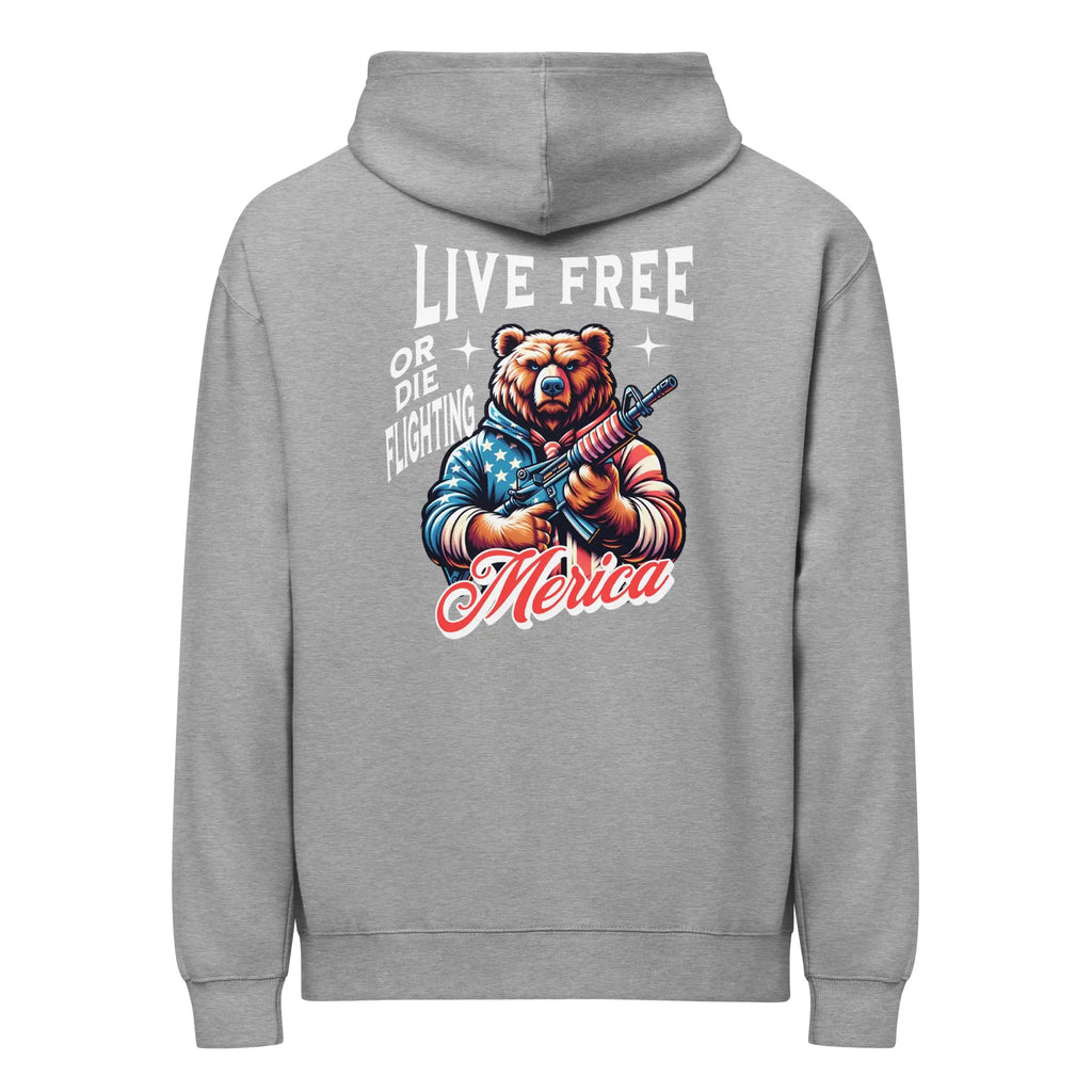 Back of men's carbon grey patriotic hoodie with a bear holding a gun and "live free or die fighting" text