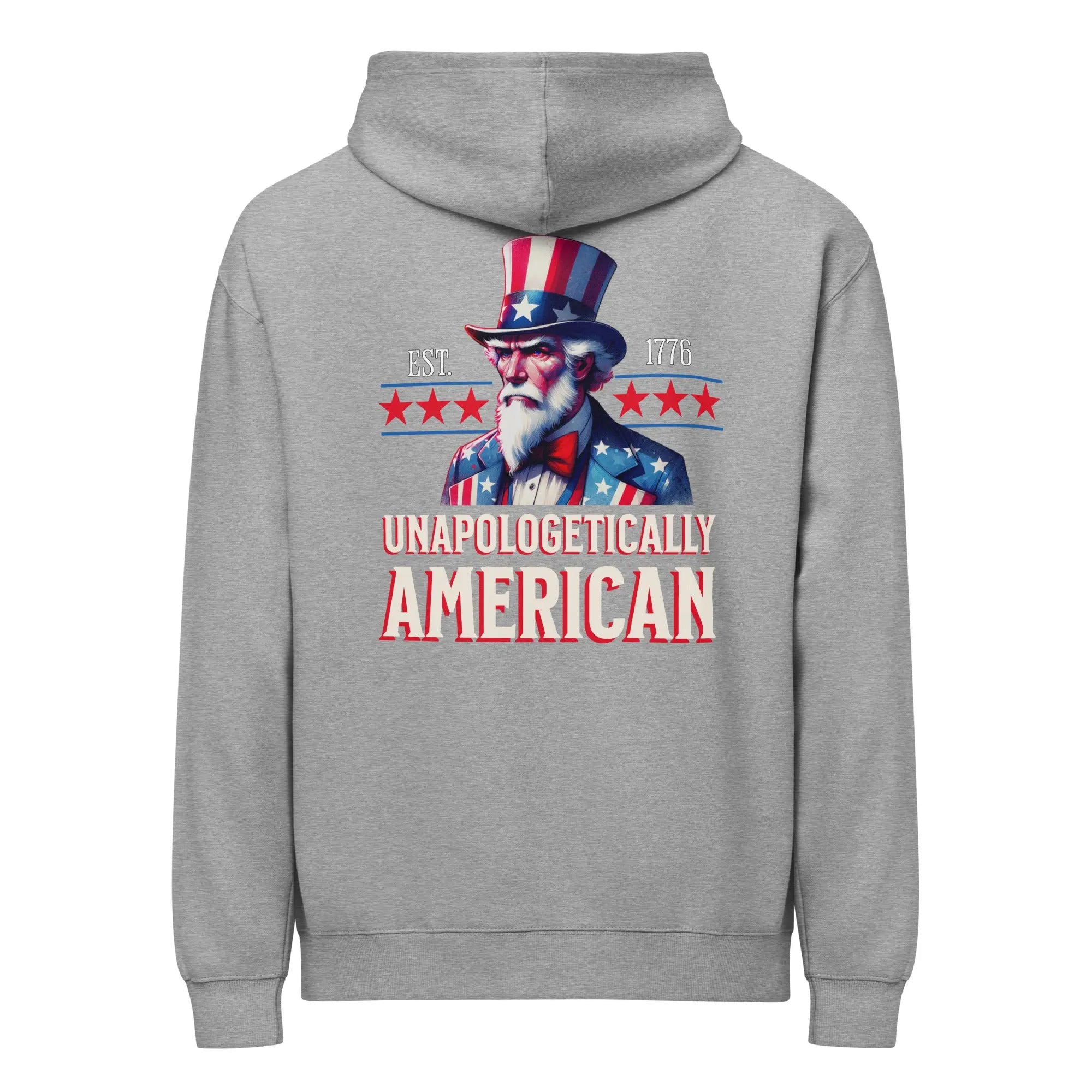 Back of men's carbon grey patriotic hoodie with uncle Sam and "Unapologetically American" text