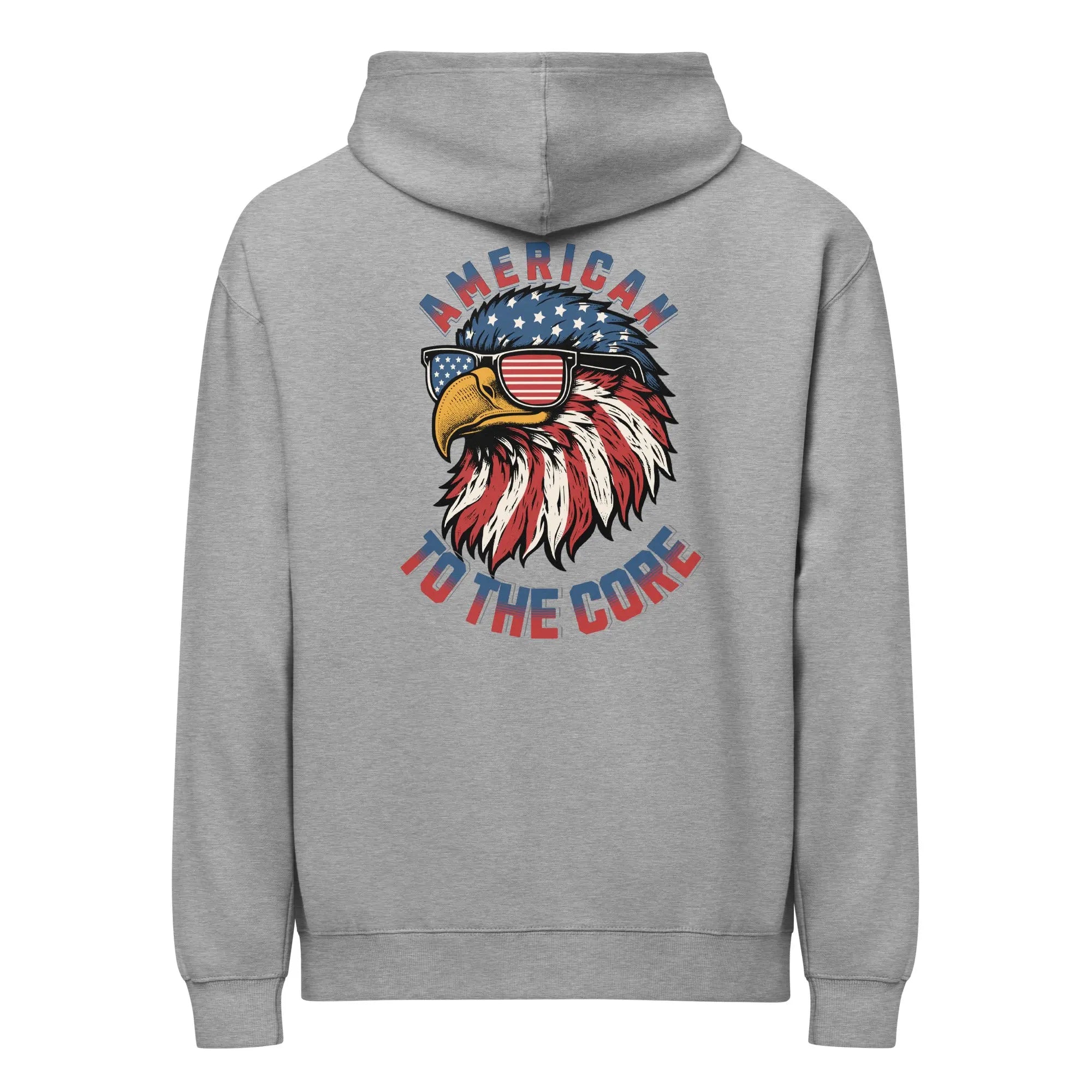 Back of men's carbon grey patriotic hoodie with an eagle head and "American to the core" text