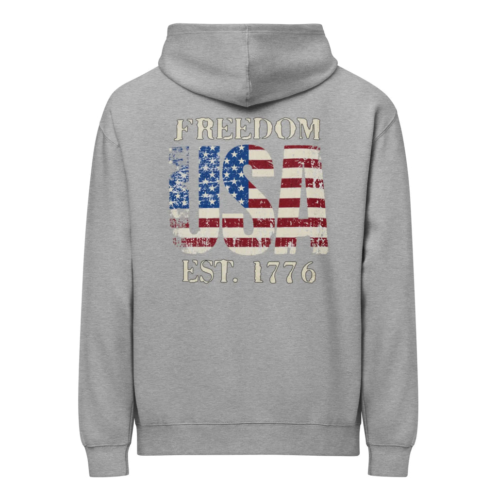 Back of men's carbon grey patriotic hoodie with an USA flag and "Freedom Est. 1776" text