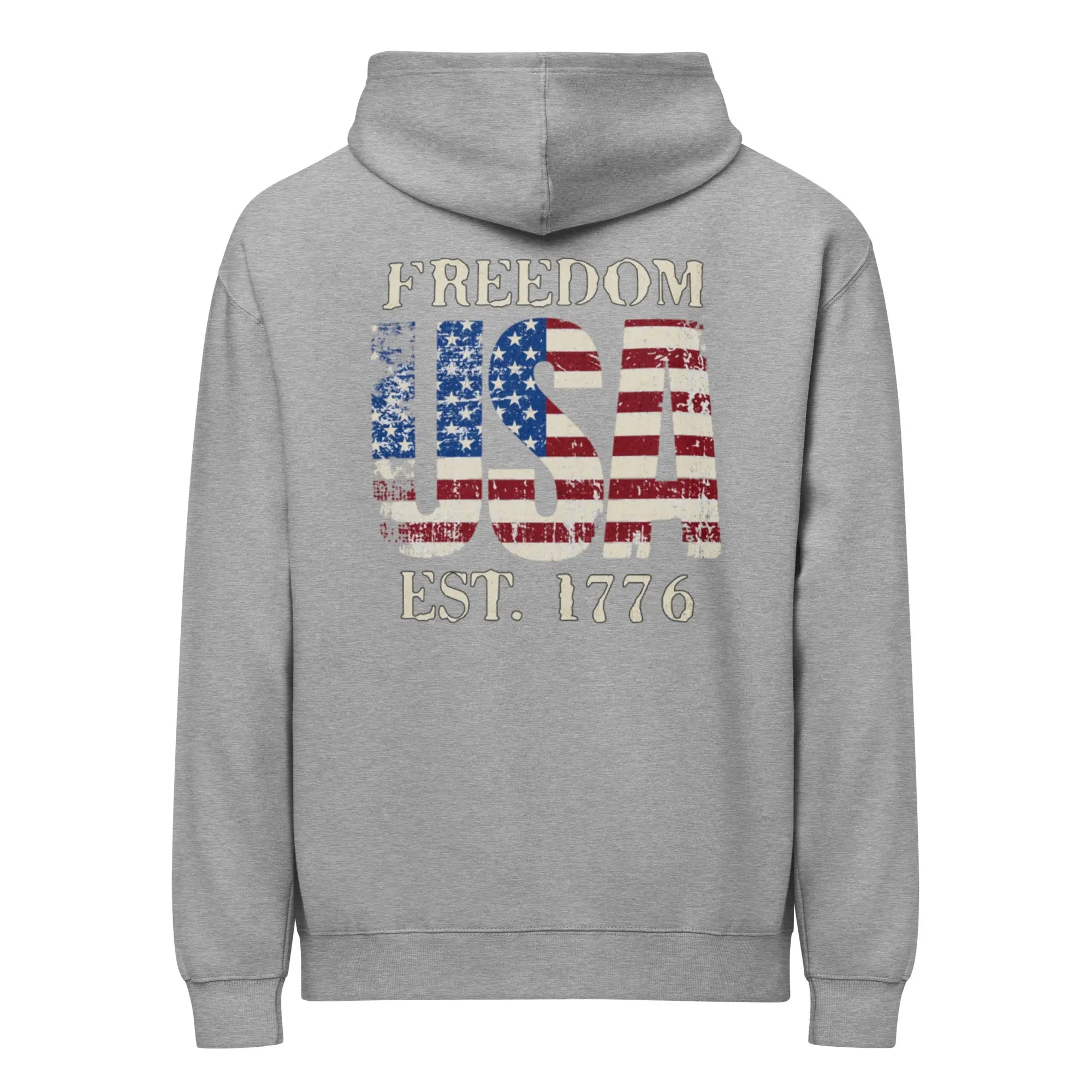 Back of men's carbon grey patriotic hoodie with an USA flag and "Freedom Est. 1776" text