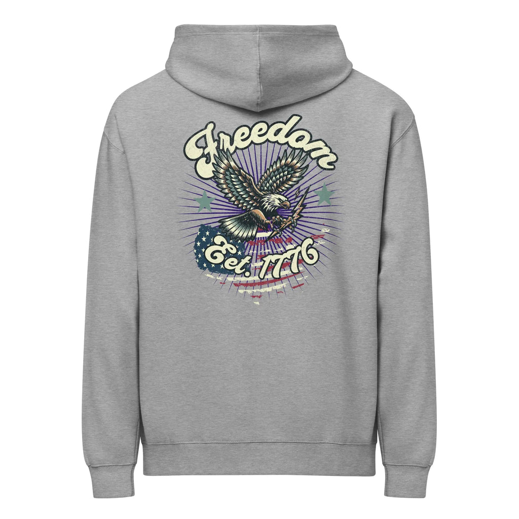 Back of men's carbon grey patriotic hoodie with an eagle over the flag and "Freedom Est. 1776" text