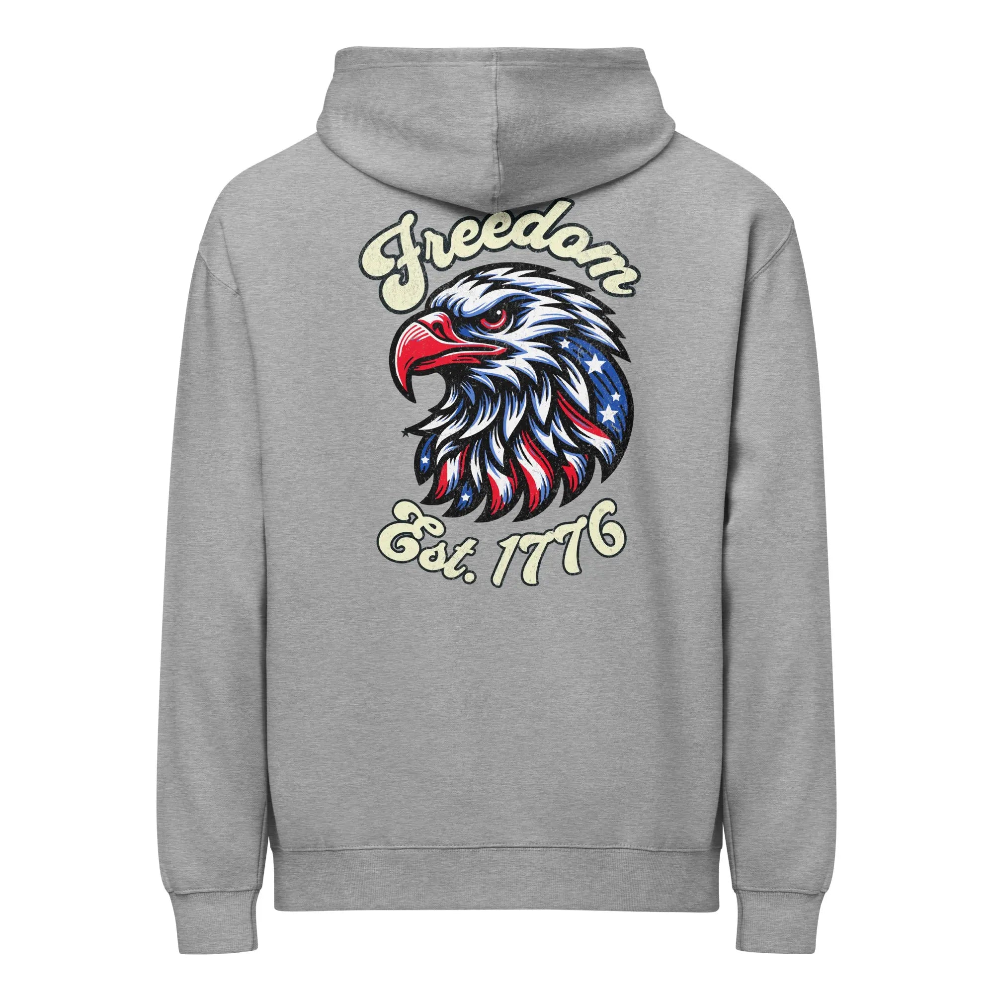 Back of man wearing a carbon grey patriotic hoodie with an eagle head and "Freedom Est. 1776" text.