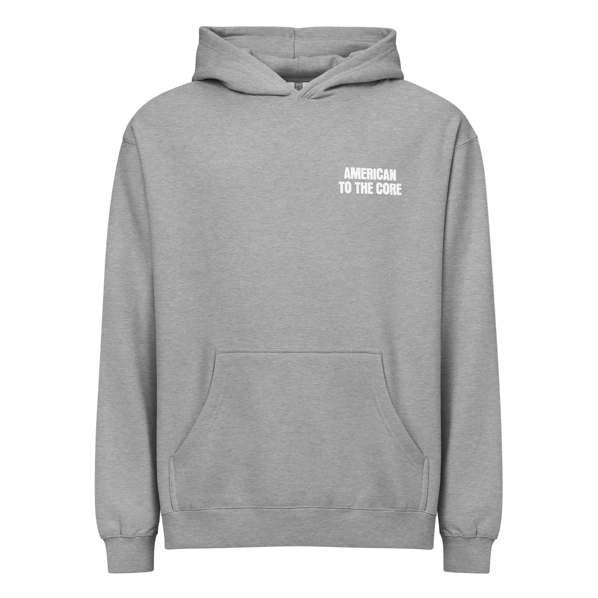 Men's carbon grey patriotic hoodie with the text "American to the core" 