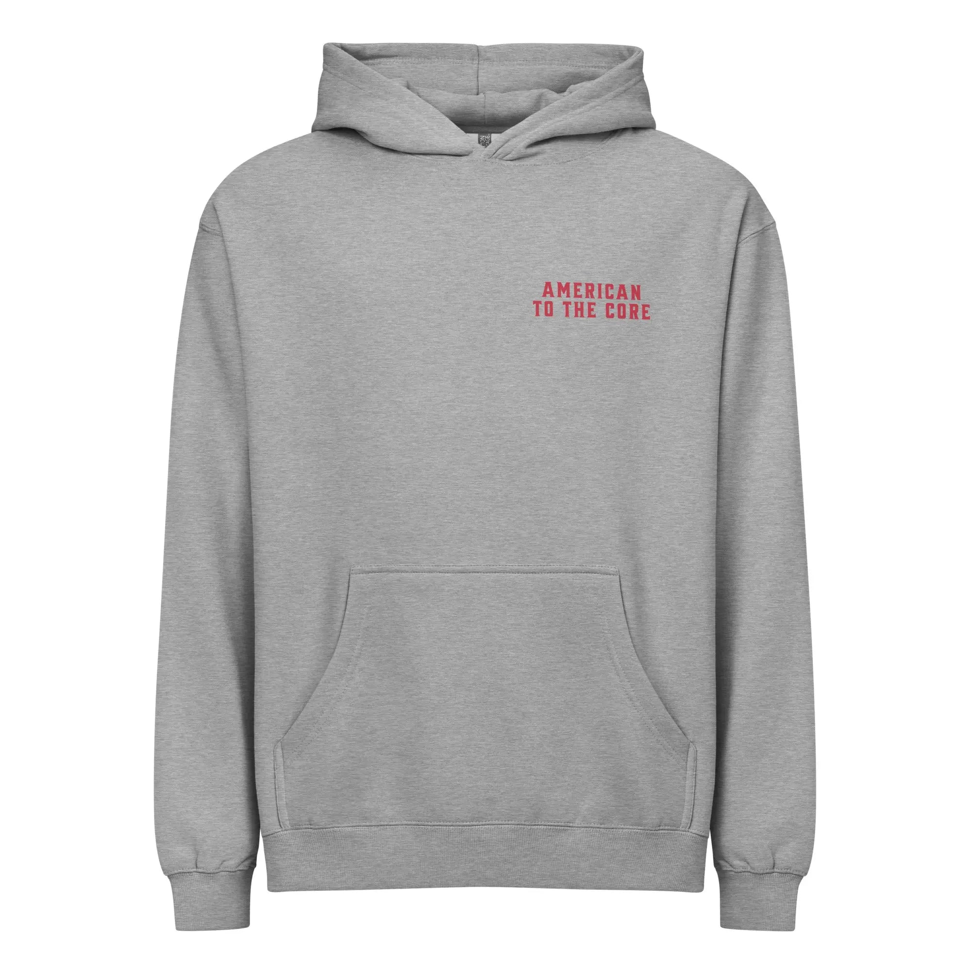 Men's carbon grey patriotic hoodie with the text "American to the core"